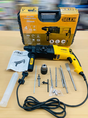 SELEX 850W 26mm Heavy-Duty 4-Function Rotary Hammer Drill Set with SDS-Plus Chuck, Drill Bits, Chisels & Carrying Case GT-1263