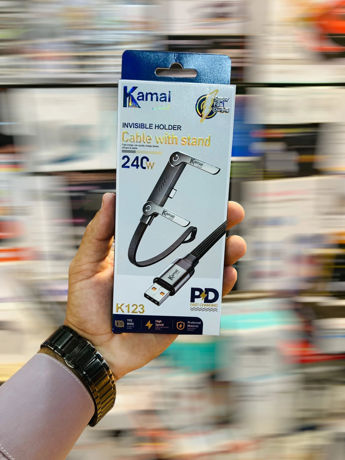 Kamal 240W Fast Charging Cable with Built-in Phone Stand Durable Braided USB Data Cable with Foldable Kickstand K123