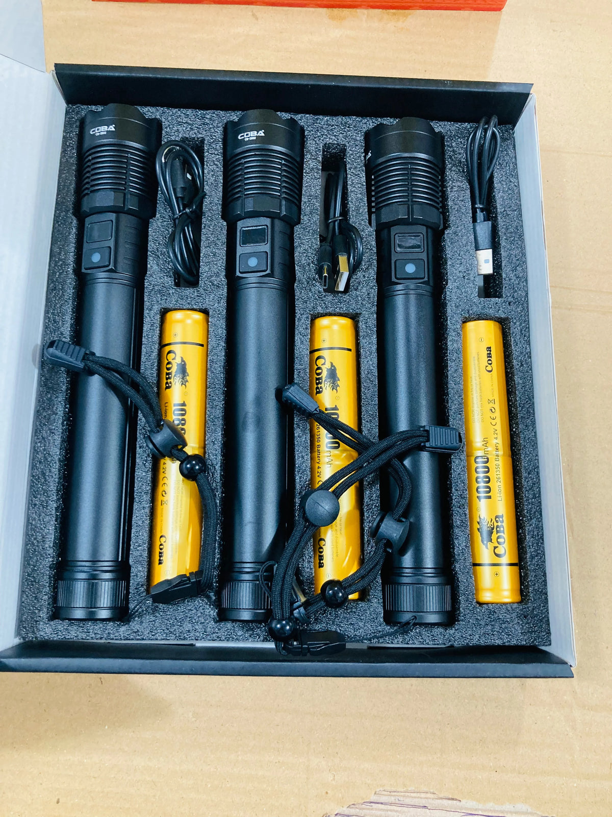 COBA Rechargeable Long Range Tactical Flashlight Set 60W LED High Power Flashlights with Digital Display Telescopic Zoom & 10800mAh Batteries CB-2602-3