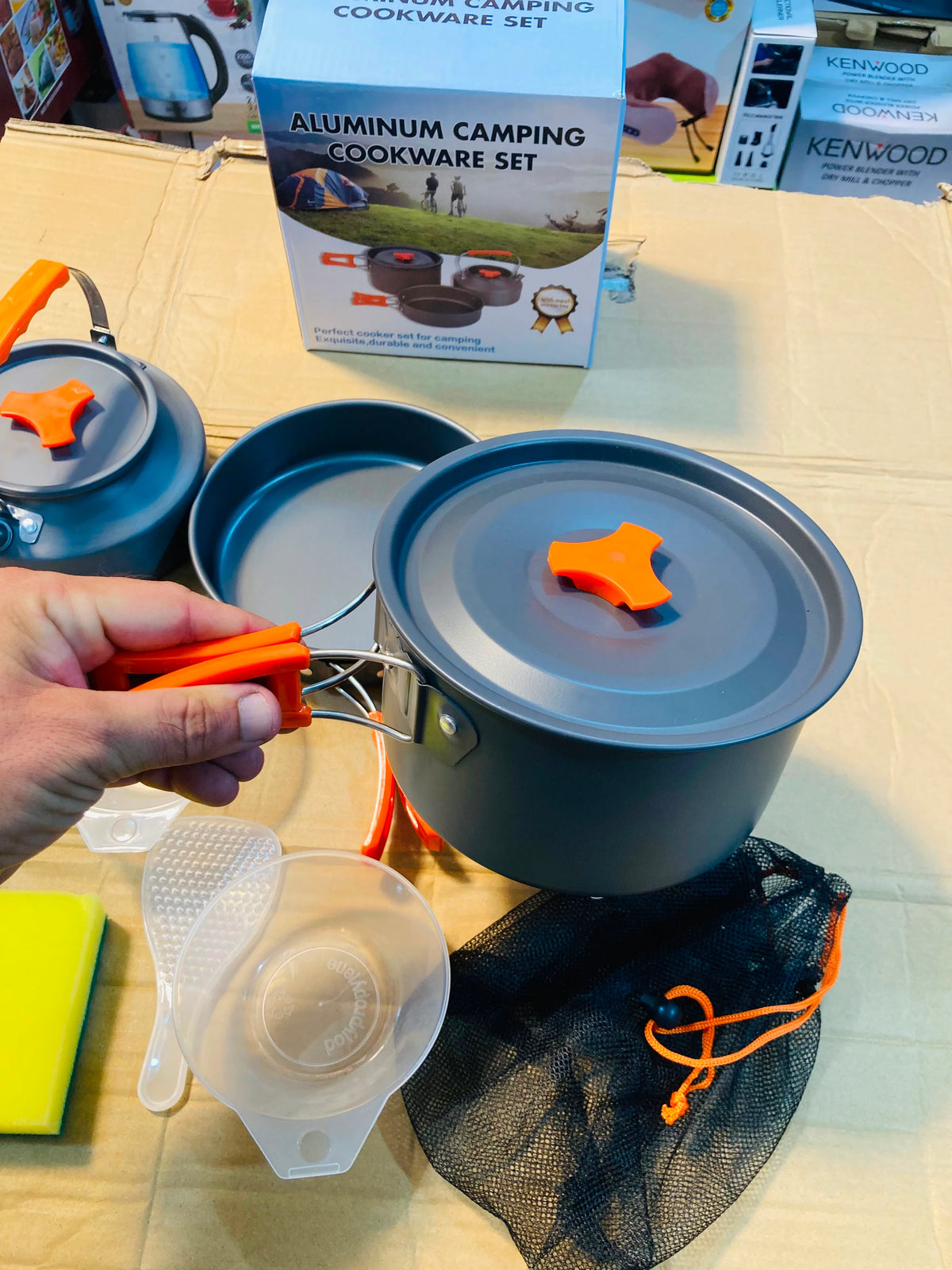 Aluminum Camping Cookware Set – 10-in-1 Lightweight Mess Kit with 1.1L Teapot, Pot, Frying Pan & Accessories TZ301