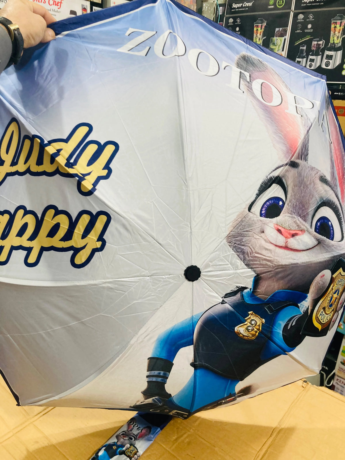 Zootopia Judy Hopps Printed Compact Baby-Kids Foldable Umbrella UV Protection Black Inner Lining with Wooden Handle & Matching Travel Sleeve
