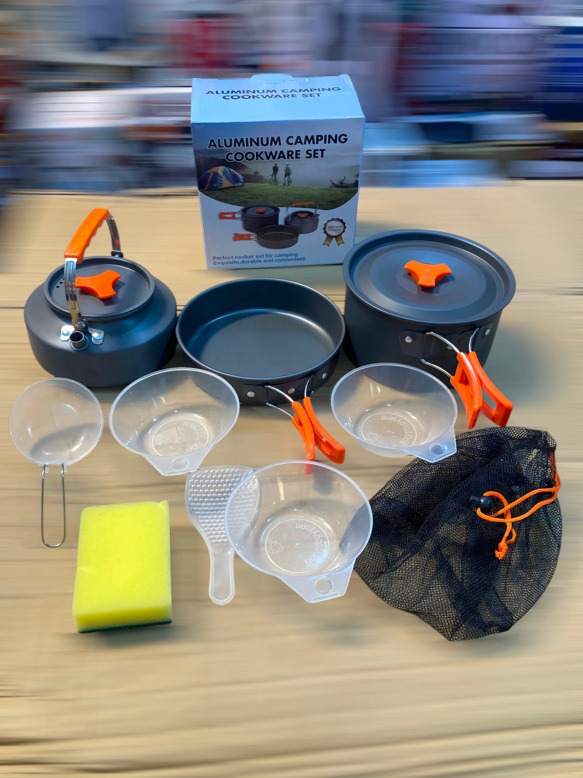 Aluminum Camping Cookware Set – 10-in-1 Lightweight Mess Kit with 1.1L Teapot, Pot, Frying Pan & Accessories TZ301