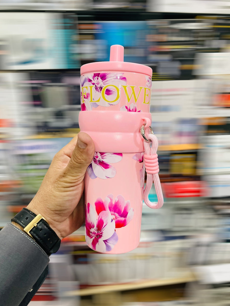 Aurora Night 710ml Pink Floral Insulated Travel Tumbler with Straw & Carrying Strap