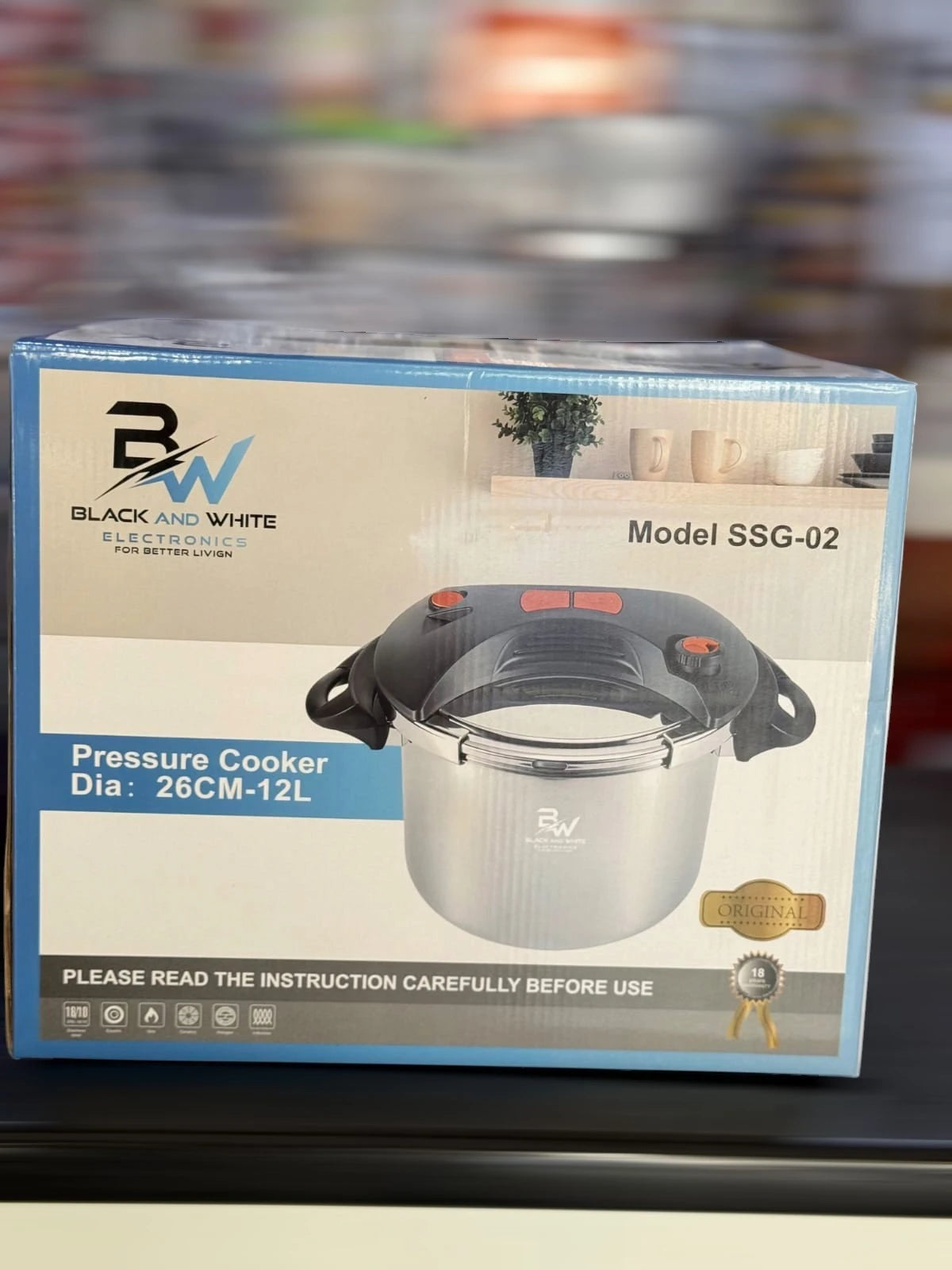 Black and White Electronics 12L Stainless Steel Pressure Cooker  26cm Stainless Steel Fast Cooker SSG-02