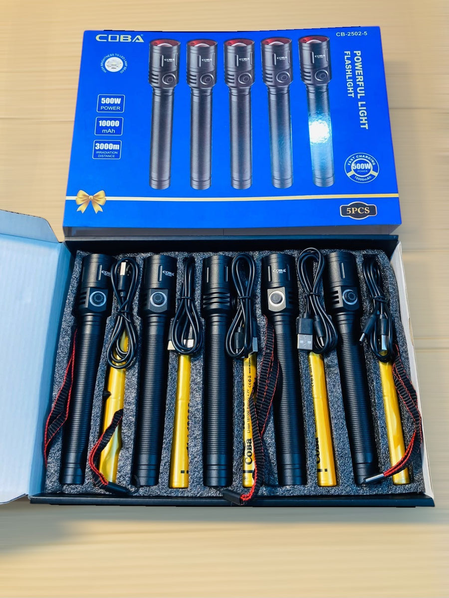 COBA 5 High-Power 500W LED Flashlight Set 3000m Beam Distance Telescopic Zoom 10000mAh Rechargeable Li-ion Battery CB-2502