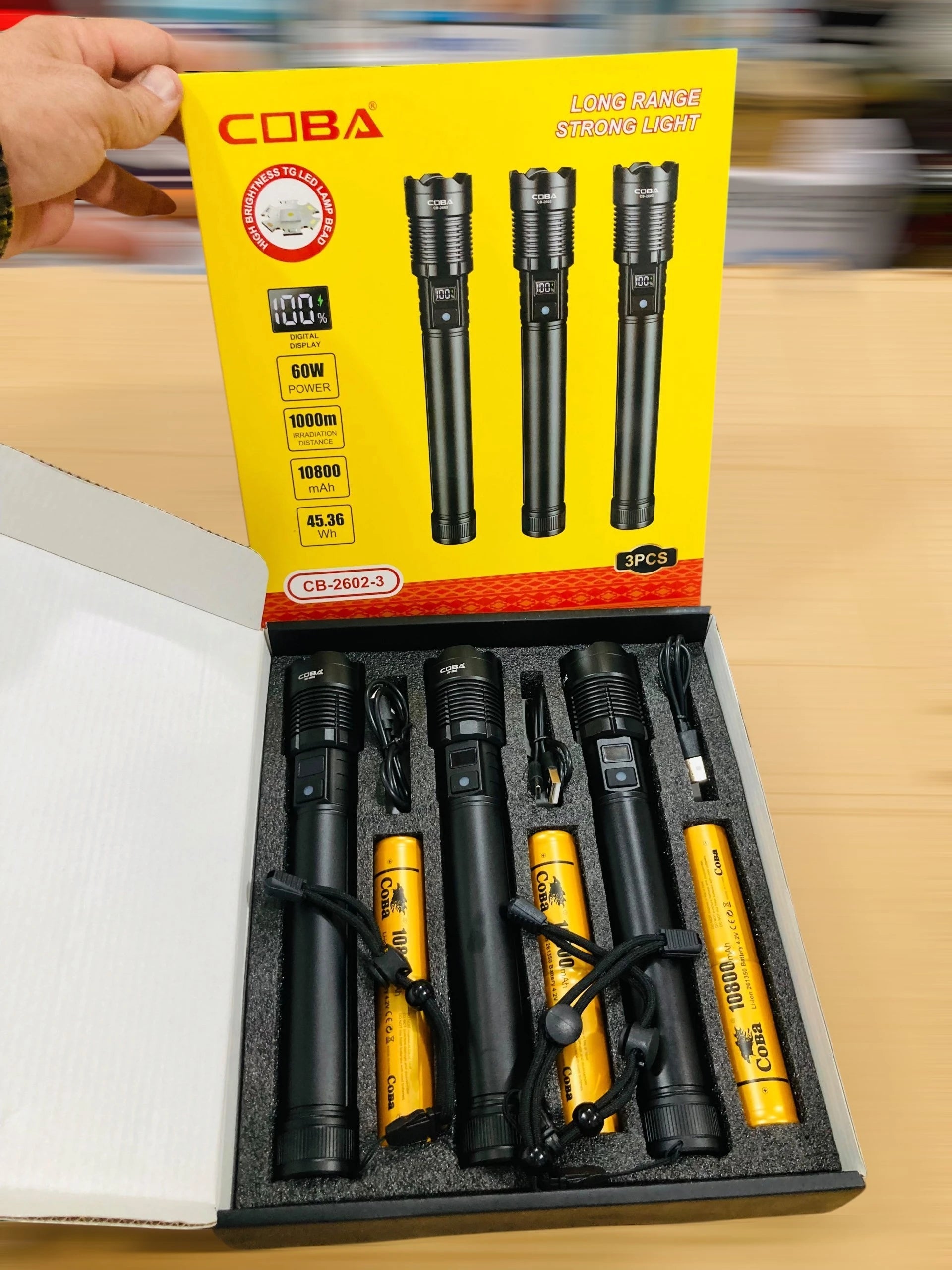 COBA Rechargeable Long Range Tactical Flashlight Set 60W LED High Power Flashlights with Digital Display Telescopic Zoom & 10800mAh Batteries CB-2602-3