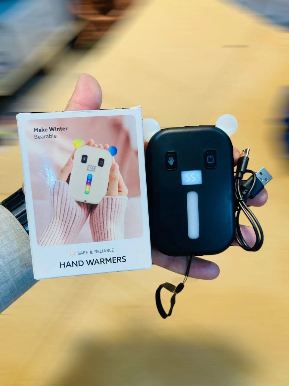 Cute Bear Pocket Hand Warmer with Digital Display Flashlight & Ambient Light Fast-Heating Rechargeable Electric Hand Warmer