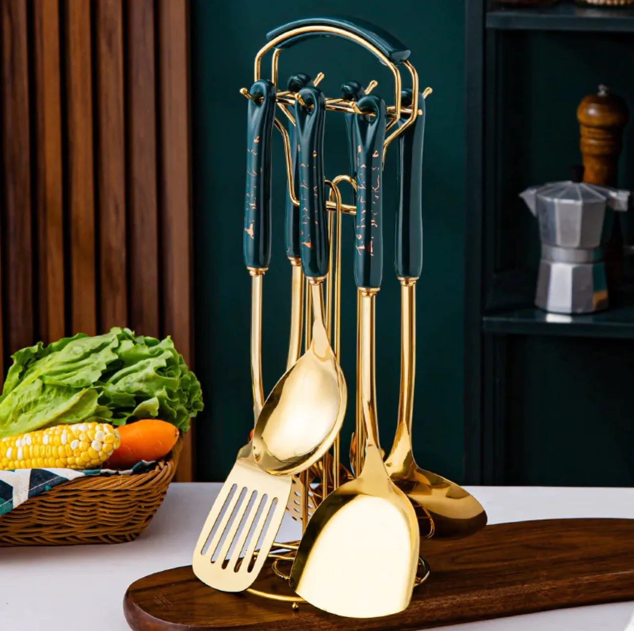 Luxurious Stainless Steel Kitchen Utensil Set with Stand – Gold Kitchenware