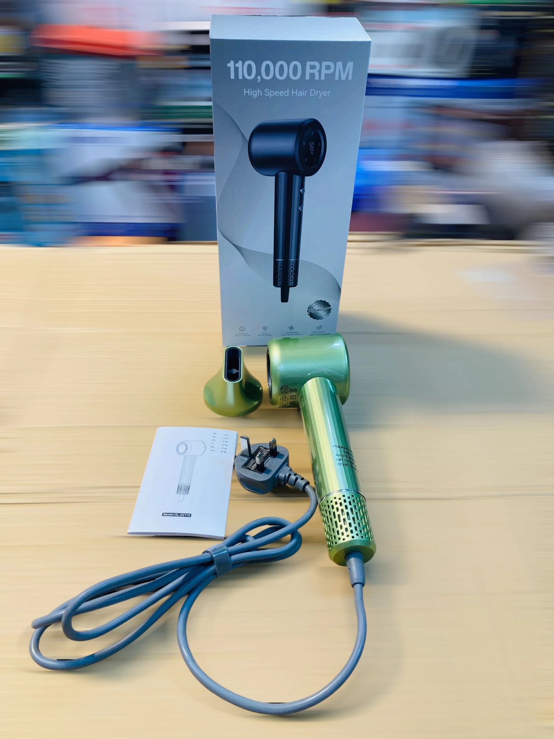High-Speed Ionic Hair Dryer with 110,000 RPM Brushless Motor, Digital Display & 360° Magnetic Nozzle Model GL-92119