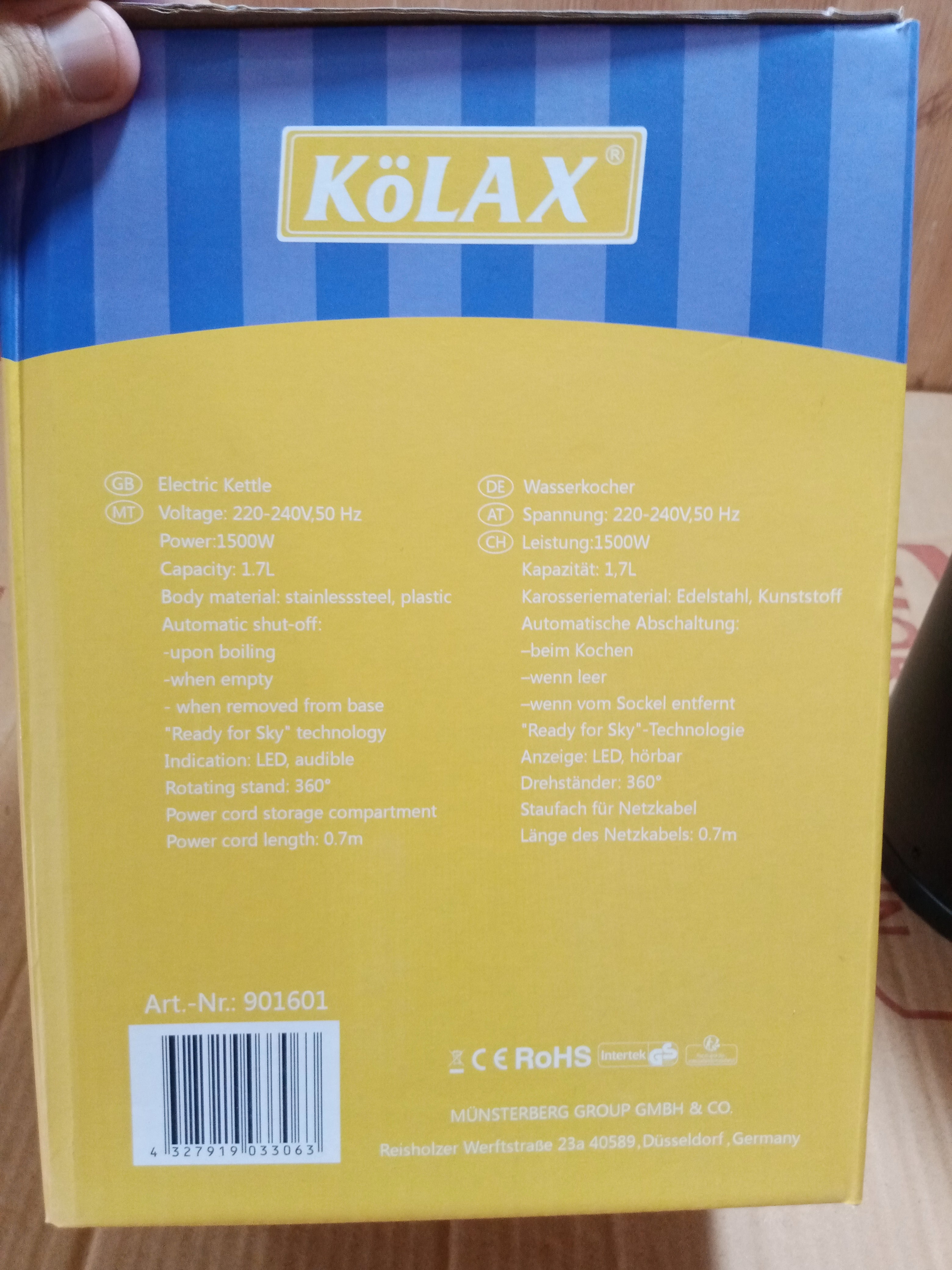 Germany Lot Imported KoLAX  Electric Kettle 1.7Ltr