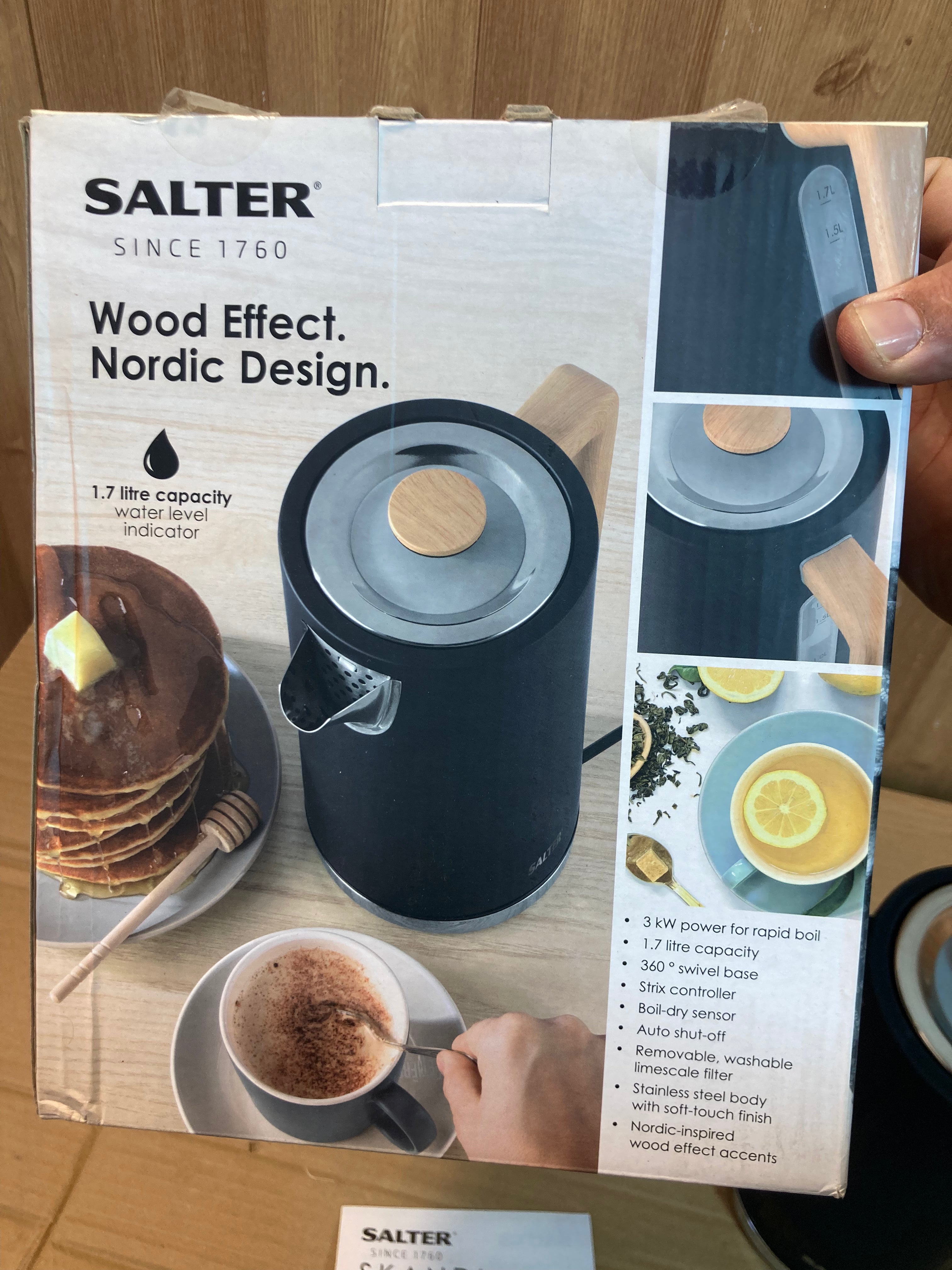 Salter 1.7L Stainless Steel Electric Kettle with Wooden Handle – 2500W Fast Boil