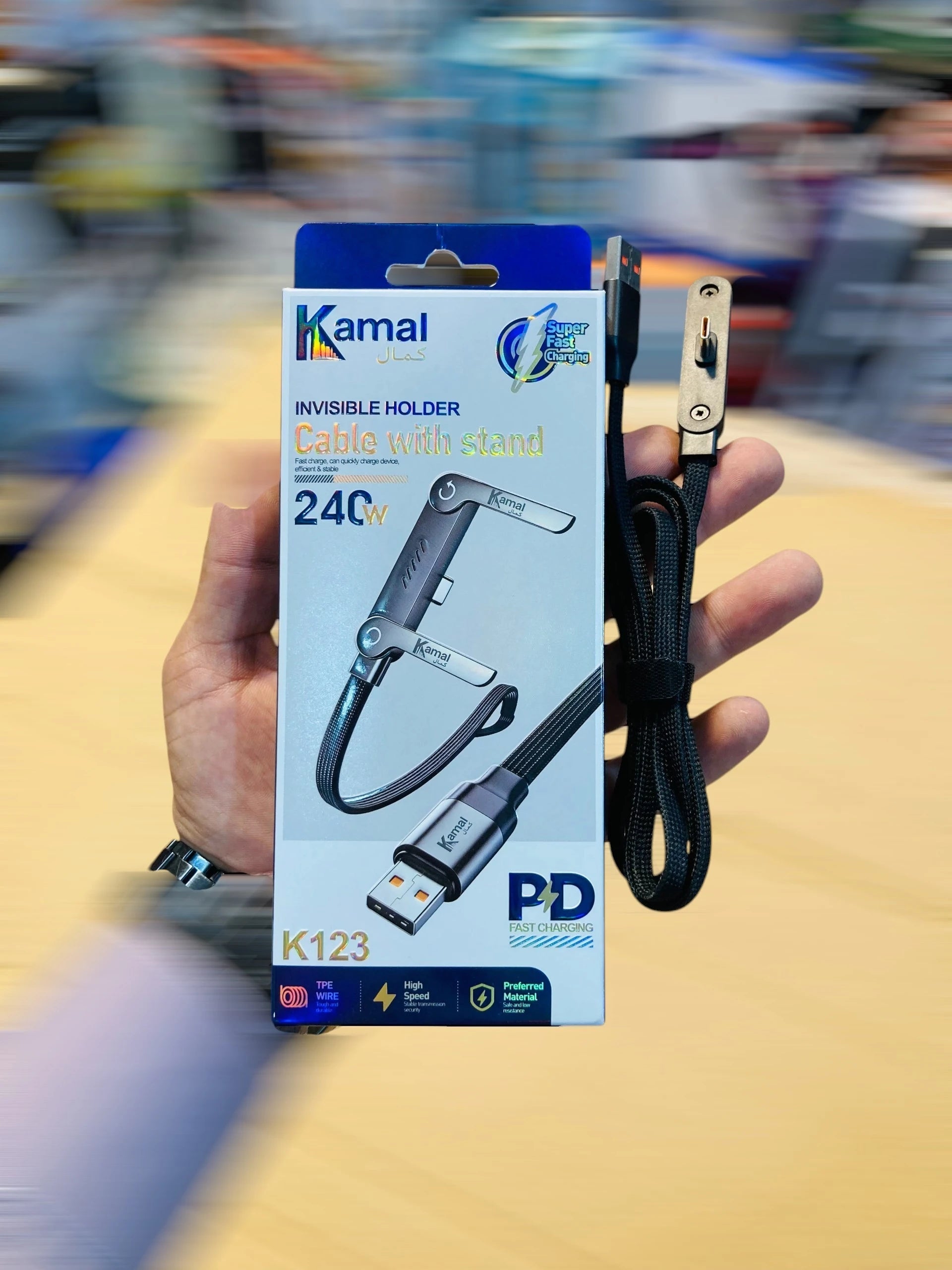 Kamal 240W Fast Charging Cable with Built-in Phone Stand Durable Braided USB Data Cable with Foldable Kickstand K123