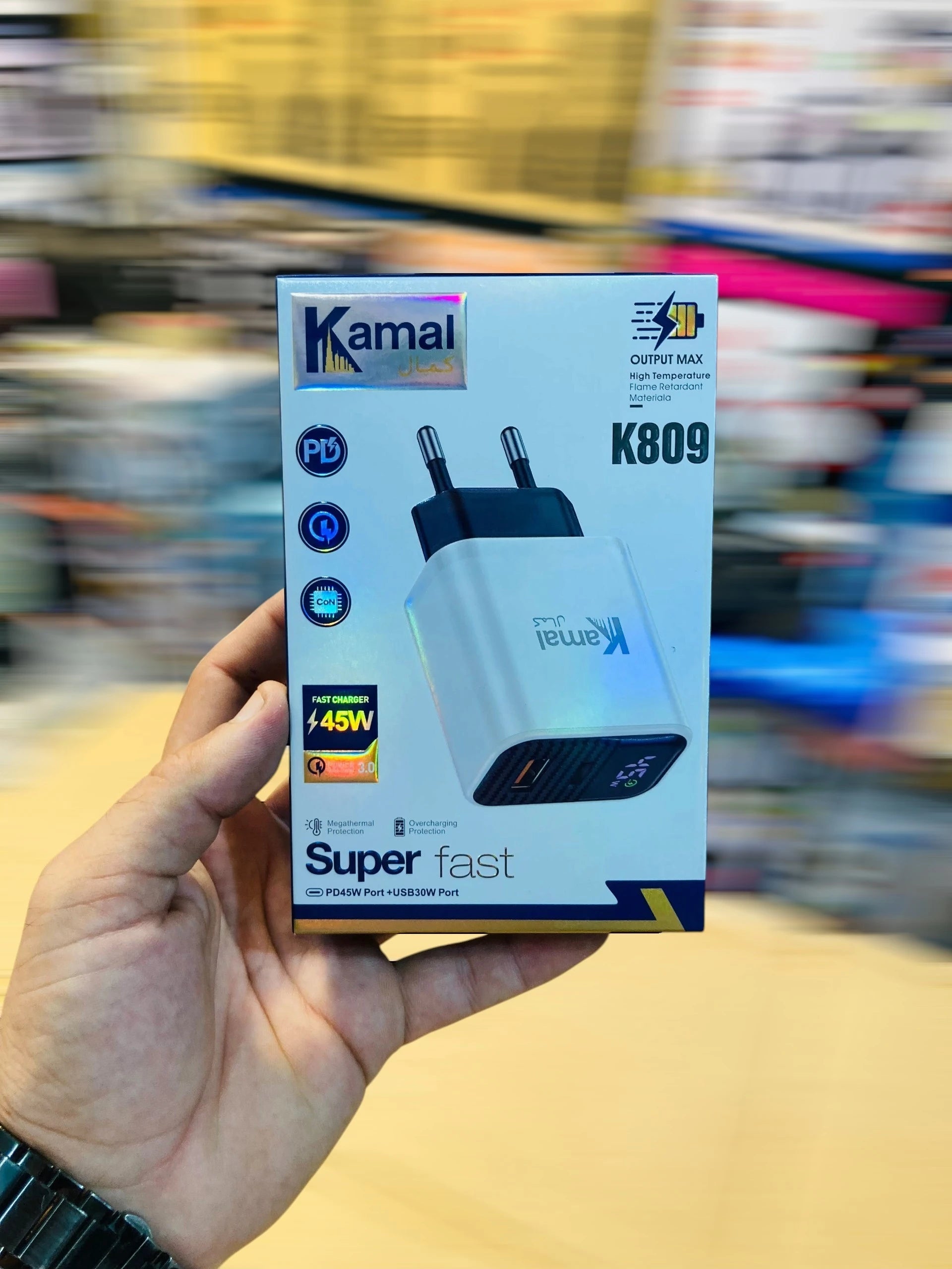 Kamal 45W Super Fast Dual Port Wall Charger PD 45W Type-C & QC 3.0 30W USB-A Power Adapter with LED Digital Display K809