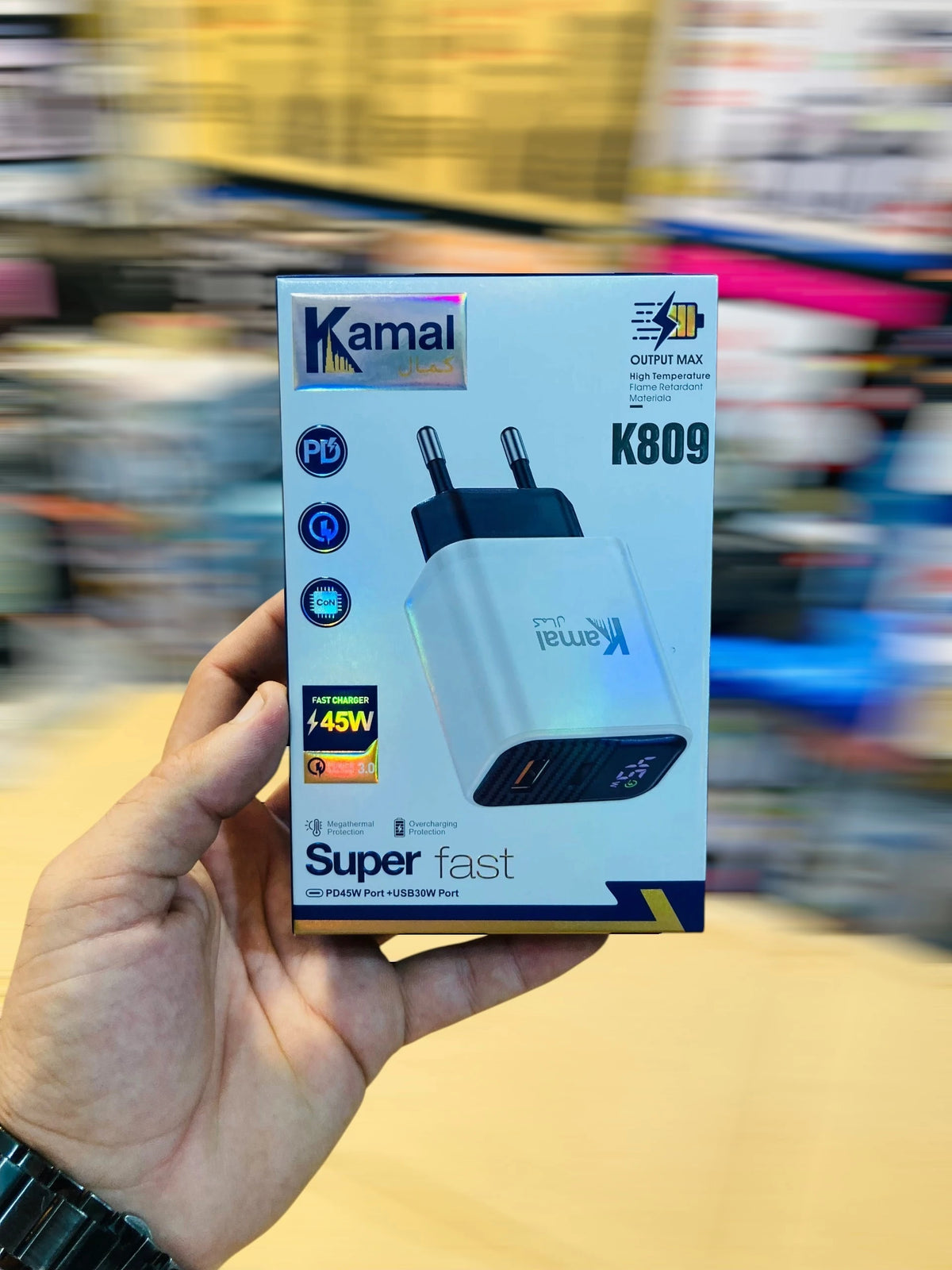 Kamal 45W Super Fast Dual Port Wall Charger PD 45W Type-C & QC 3.0 30W USB-A Power Adapter with LED Digital Display K809