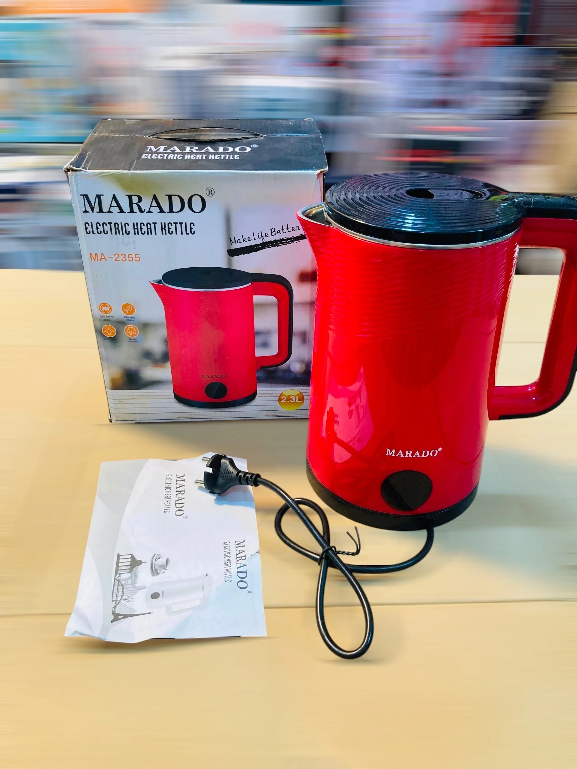 Marado Fast Electric Heat Kettle with 2.3L Capacity, 1500W Power, and 360-Degree Cordless Swivel Base, MA-2355