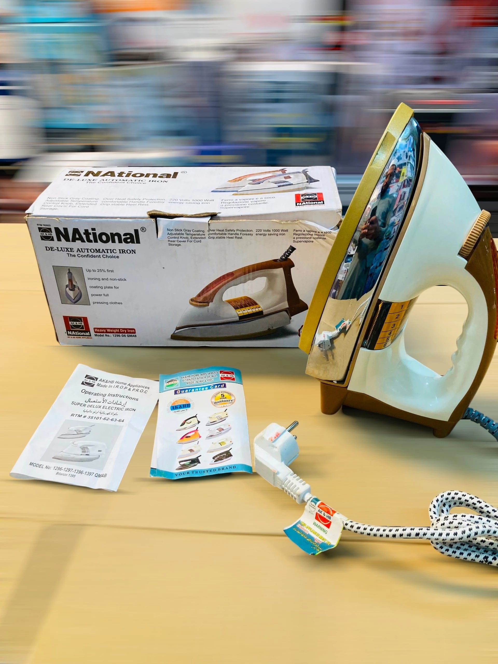 National AK & HB De-Luxe Automatic Heavy Weight Dry Iron, 1000W Energy Saving Iron with Non-Stick Coating Plate 1296-D6 QMAB