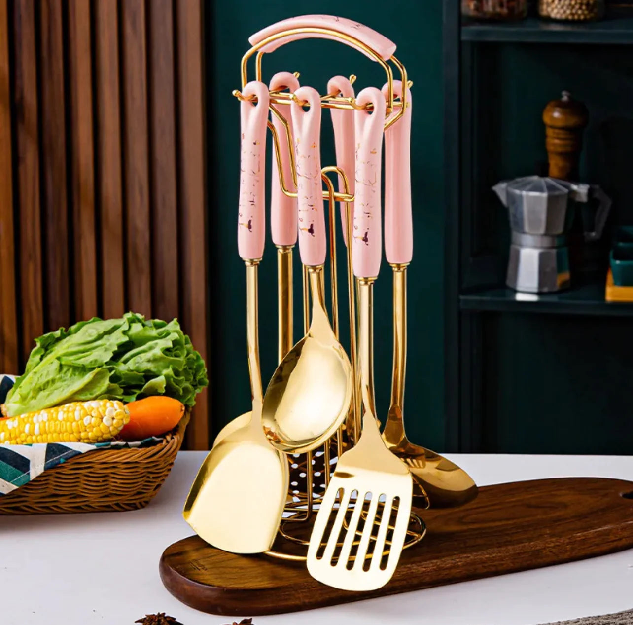 Luxurious Stainless Steel Kitchen Utensil Set with Stand – Gold Kitchenware