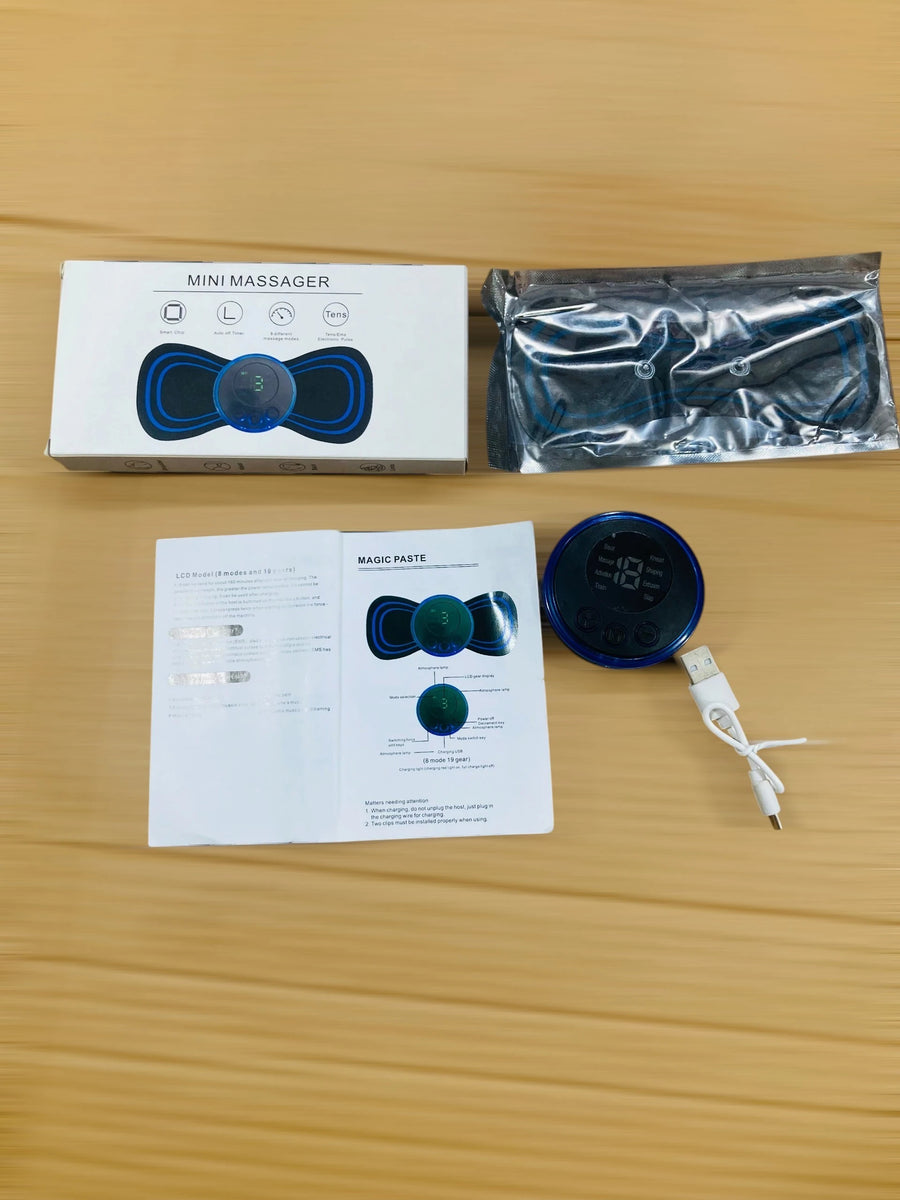 Portable Mini EMS Body Massager Patch –Rechargeable Butterfly Pulse Massager with LCD Display, 8 Modes & 19 Intensity Levels