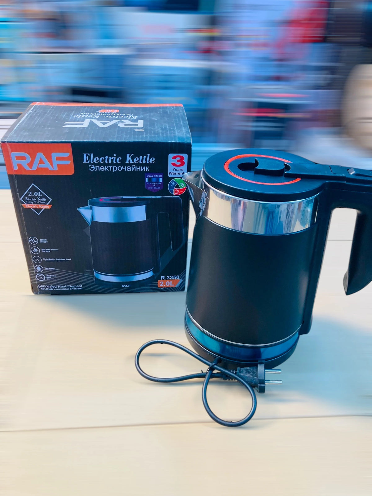 RAF 2.0L Electric Kettle - Dual Finish Black & Stainless Steel High-Class Water Boiler with 360-Degree Swivel Base and LED Indicator R.3350