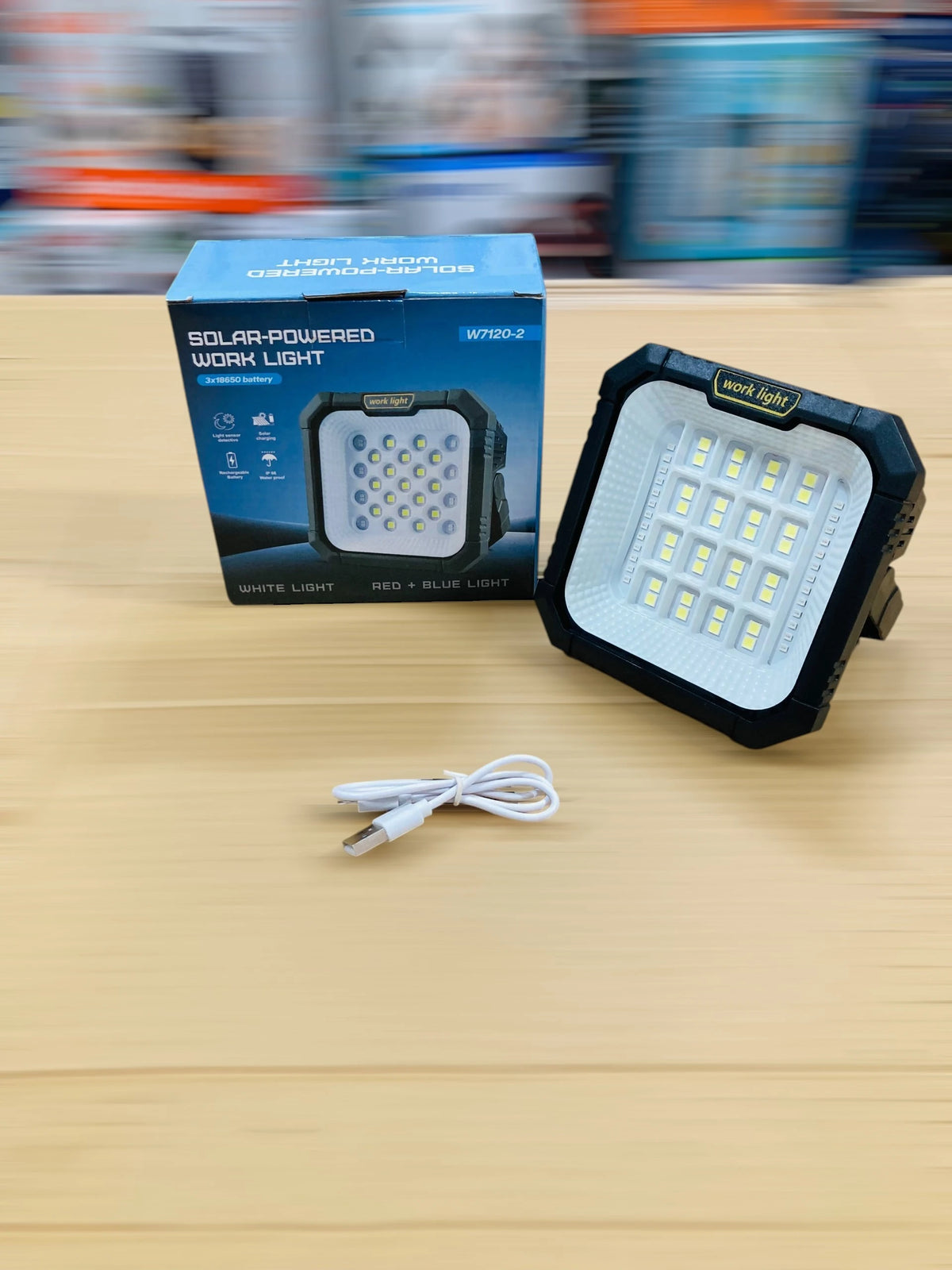 Solar-Powered LED Work Light Rechargeable Portable Flood Light with White & Red/Blue Emergency Flash, Power Bank Function, Magnet,and Hook W7120-2