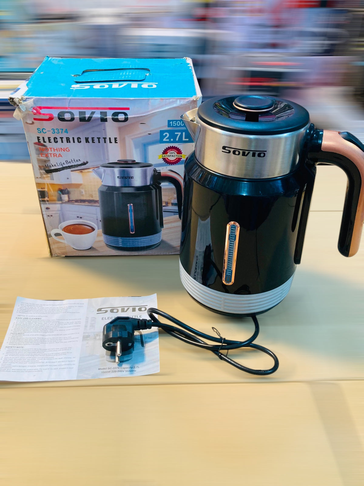 Sovio  Electric Kettle, 2.7L Capacity, 1500W Rapid Boil with 360-Degree Swivel Base and Water Level Indicator,SC-3374