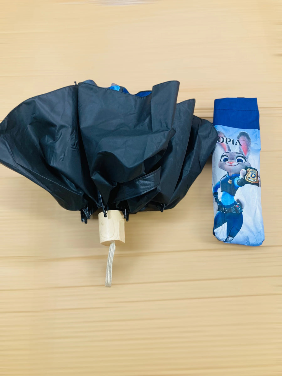 Zootopia Judy Hopps Printed Compact Baby-Kids Foldable Umbrella UV Protection Black Inner Lining with Wooden Handle & Matching Travel Sleeve