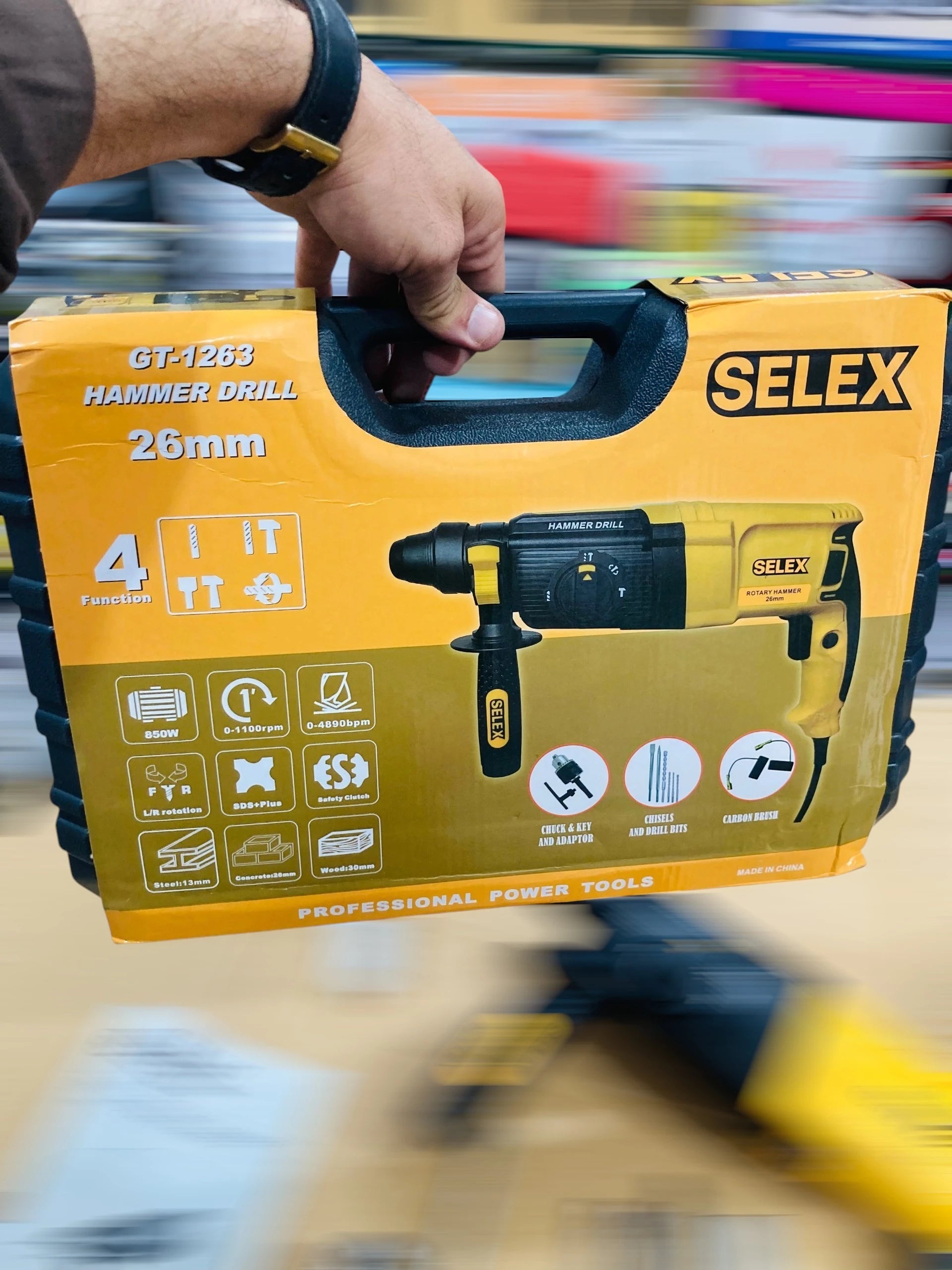 SELEX 850W 26mm Heavy-Duty 4-Function Rotary Hammer Drill Set with SDS-Plus Chuck, Drill Bits, Chisels & Carrying Case GT-1263