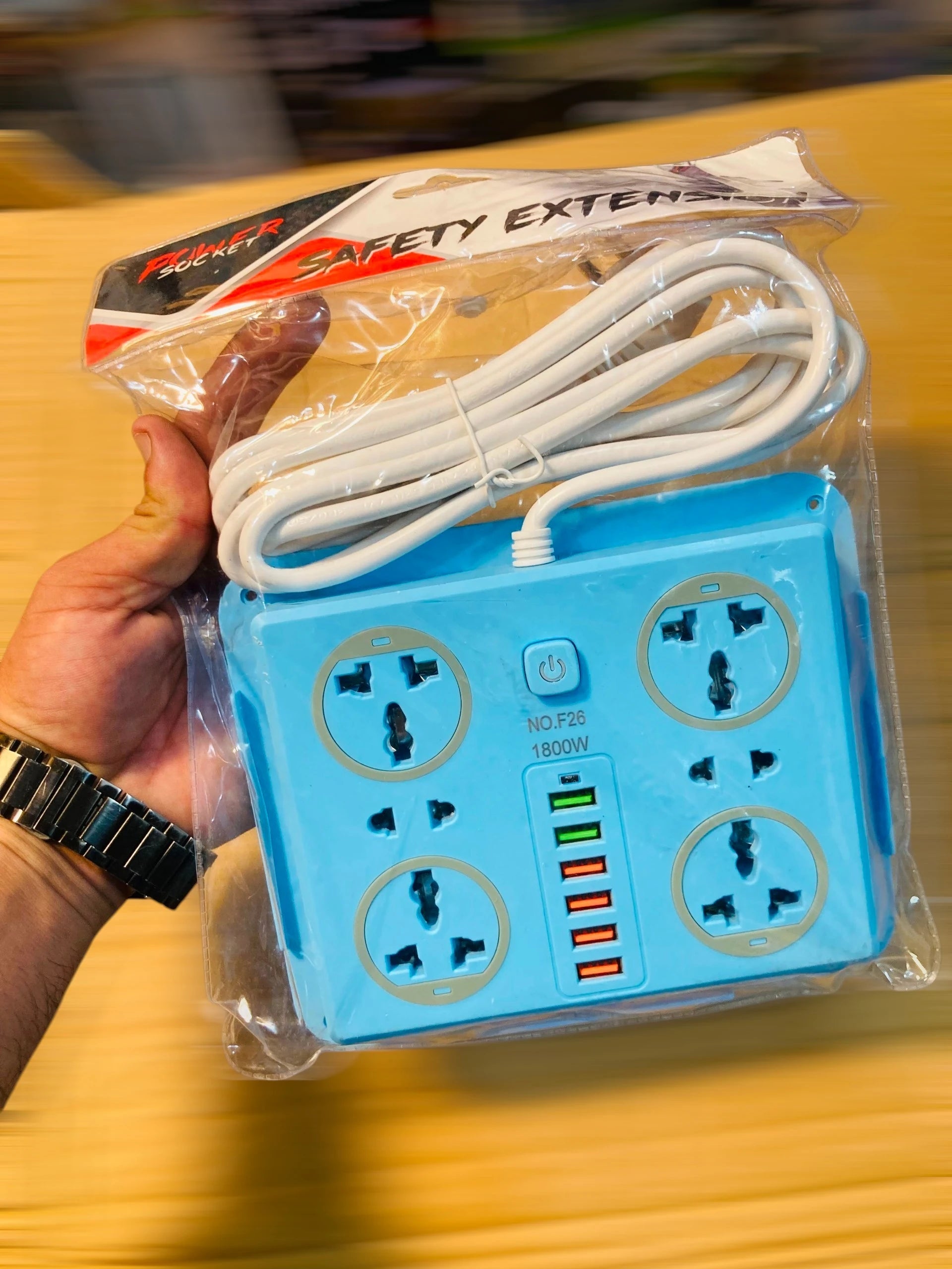 Safety Extension Socket  F26 – Multi-Plug Surge & Power Strip with Universal AC Outlets and 6 USB Ports (1800W / 2500W Max)