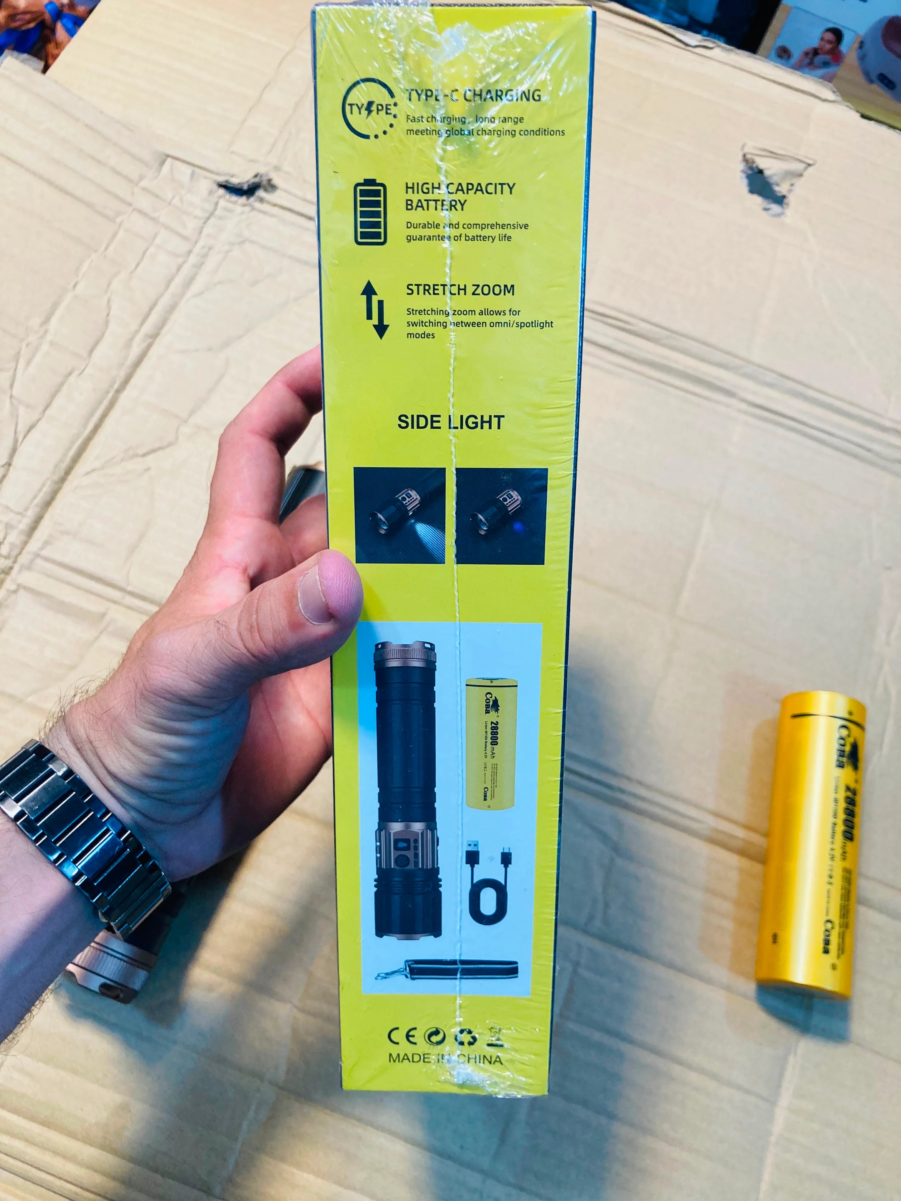 COBA  Aluminum Alloy Strong Light Flashlight with TG Wick, Side Light & 28800mAh Battery CB-G908