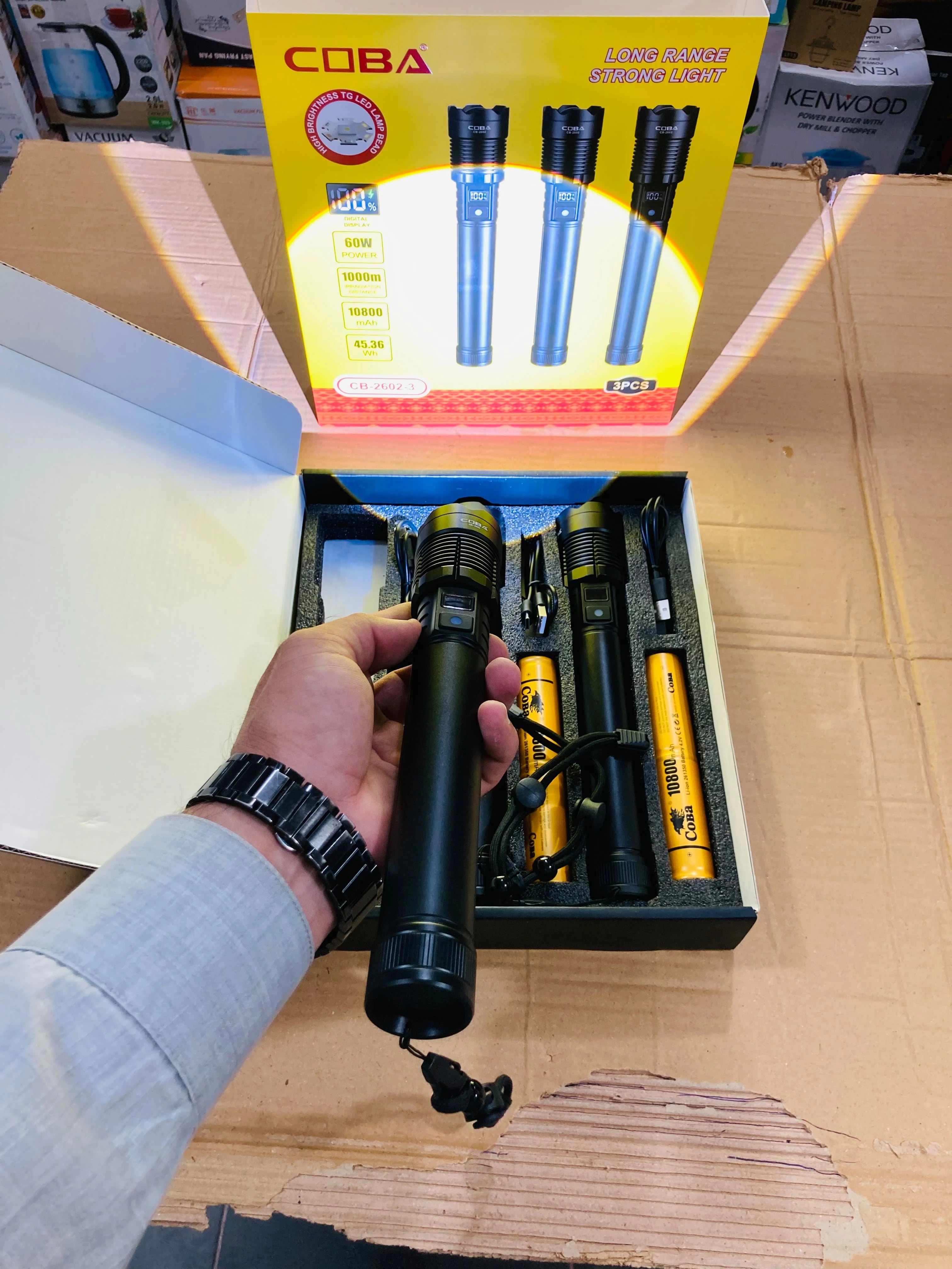 COBA Rechargeable Long Range Tactical Flashlight Set 60W LED High Power Flashlights with Digital Display Telescopic Zoom & 10800mAh Batteries CB-2602-3