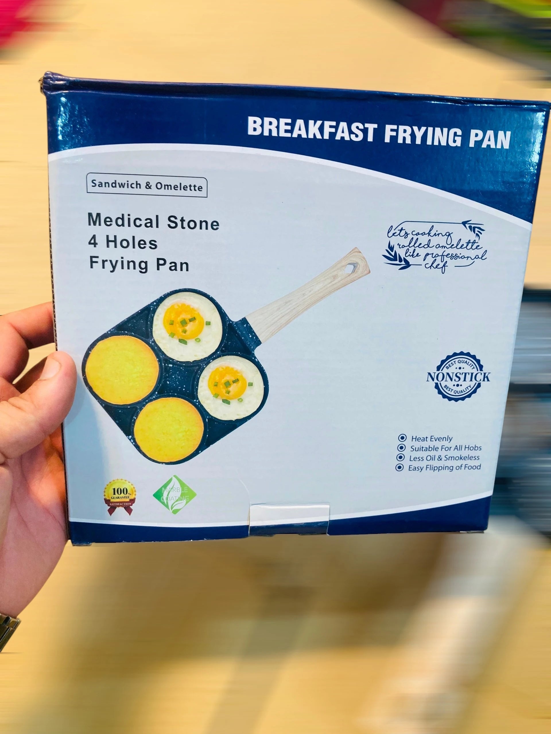 Medical Stone 4 Holes Breakfast Frying Pan with Non-Stick Coating and Wood-Grain Handle
