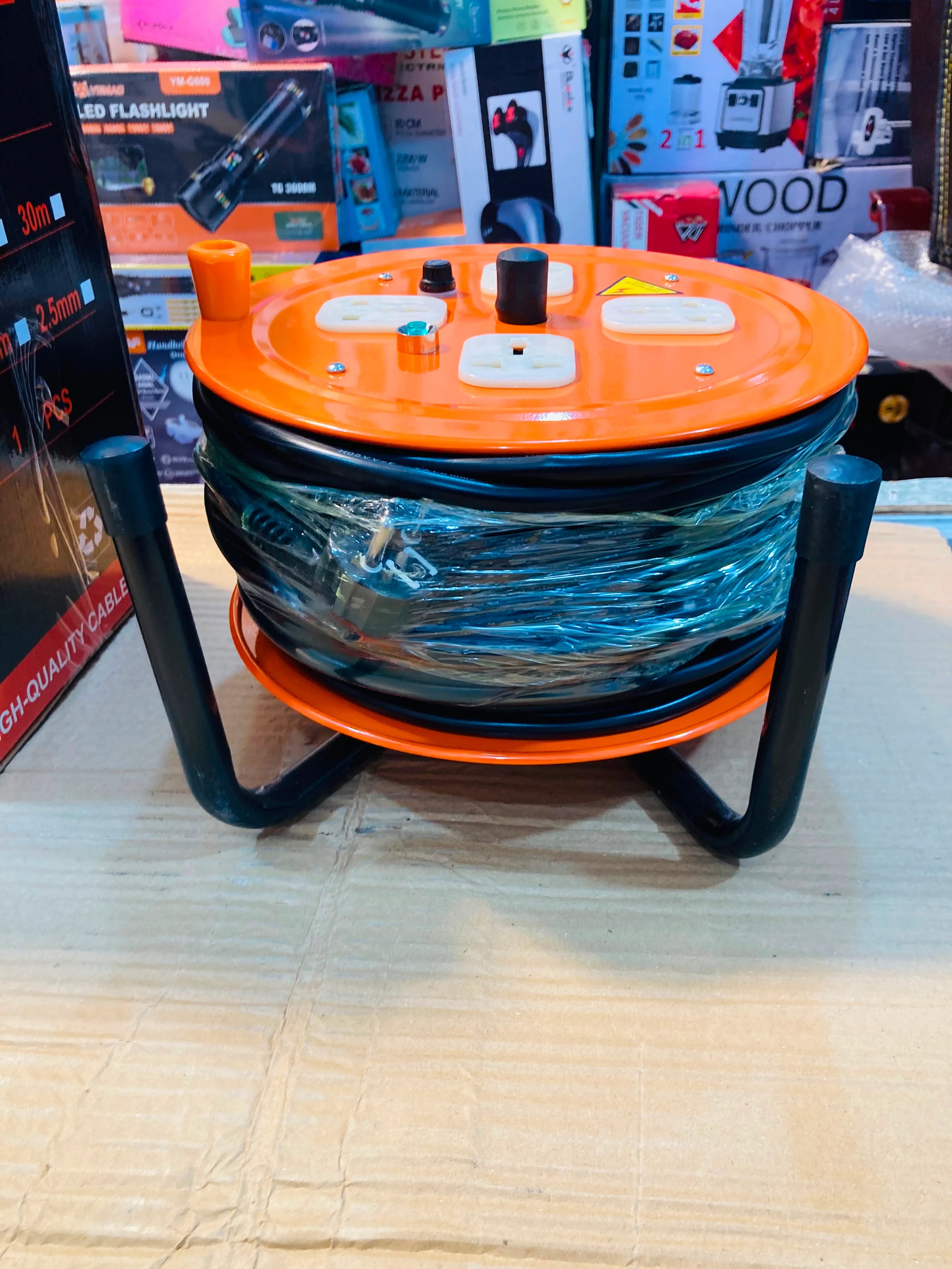 Professional Heavy-Duty Cable Reel Extension Set with 4 Universal Sockets, Circuit Breaker, and 30m Length DZL18-20