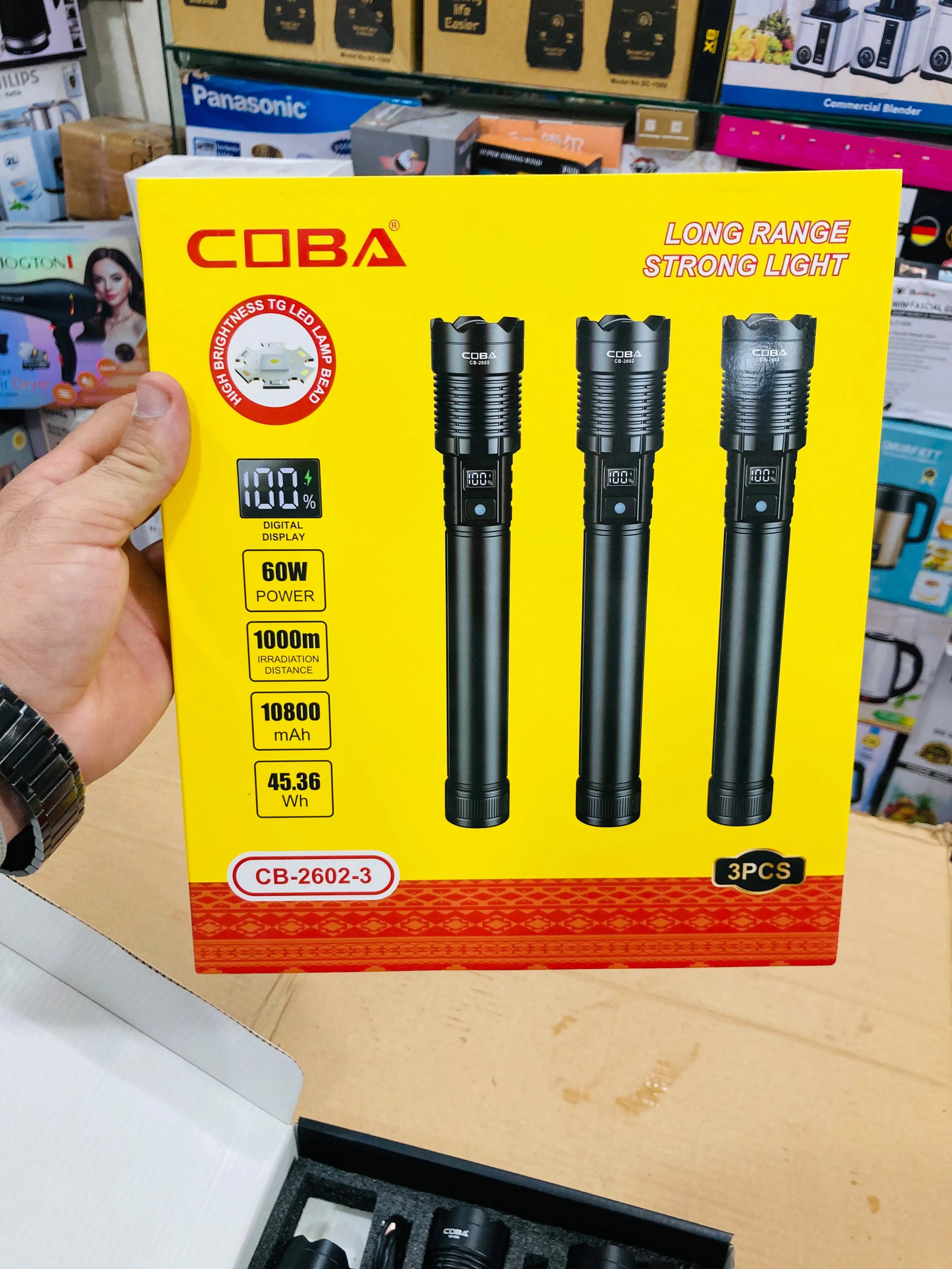 COBA Rechargeable Long Range Tactical Flashlight Set 60W LED High Power Flashlights with Digital Display Telescopic Zoom & 10800mAh Batteries CB-2602-3