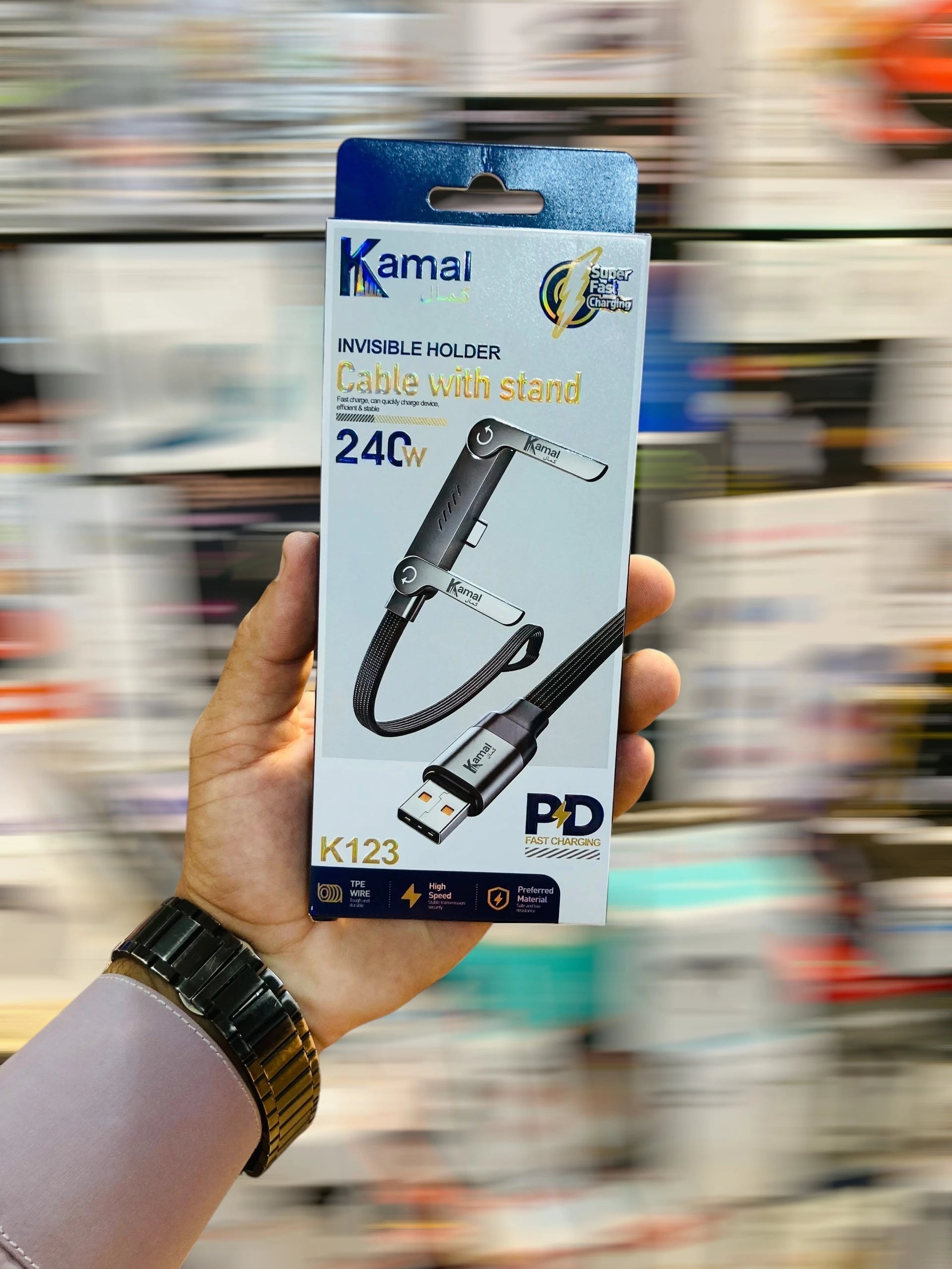 Kamal 240W Fast Charging Cable with Built-in Phone Stand Durable Braided USB Data Cable with Foldable Kickstand K123