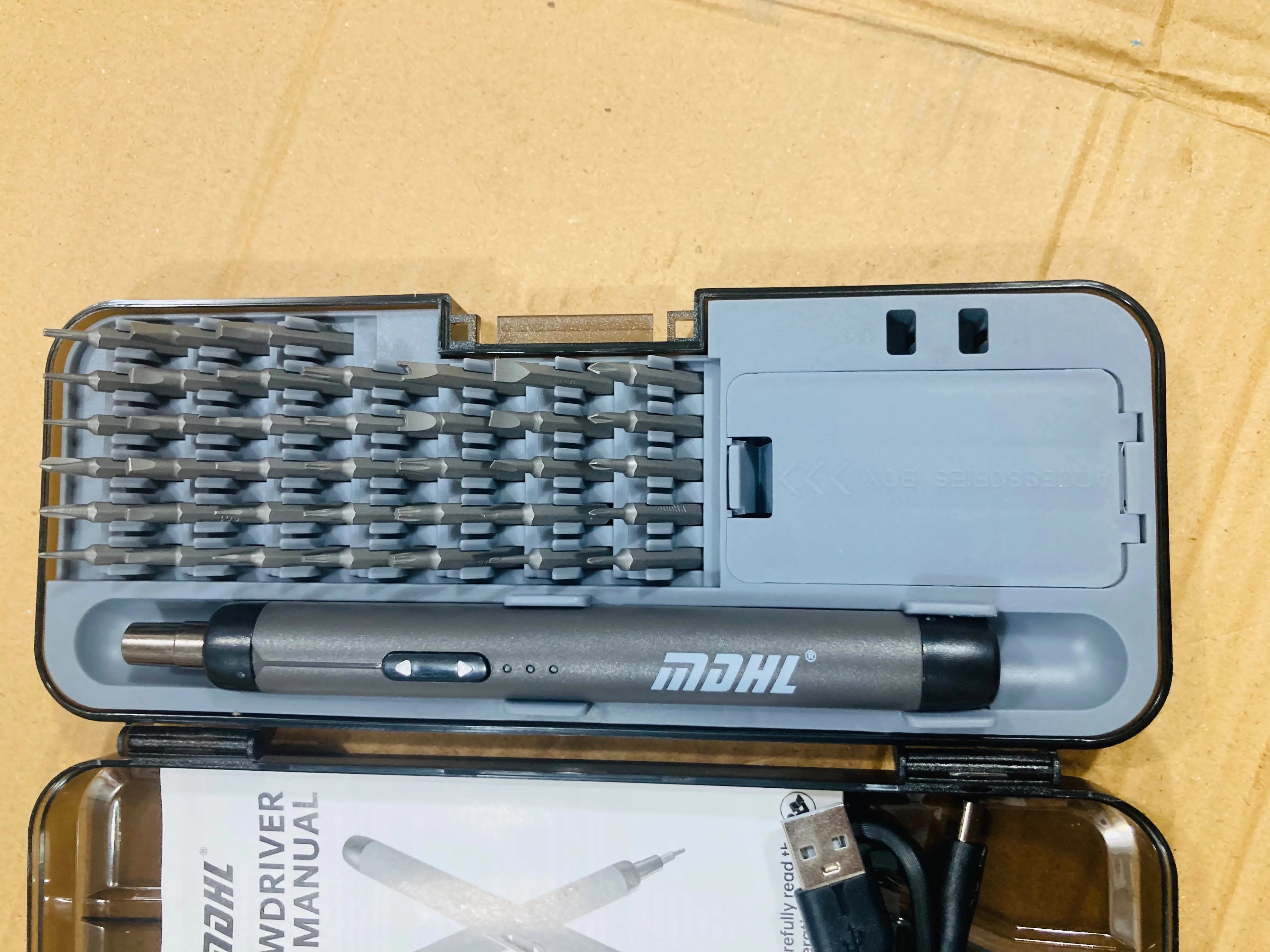 MDHL Portable Cordless Electric Screwdriver Set 500mAh Precision Repair Tool Kit with 38 Steel Bits, Forward/Reverse Control & Storage Case MD-TK-ES