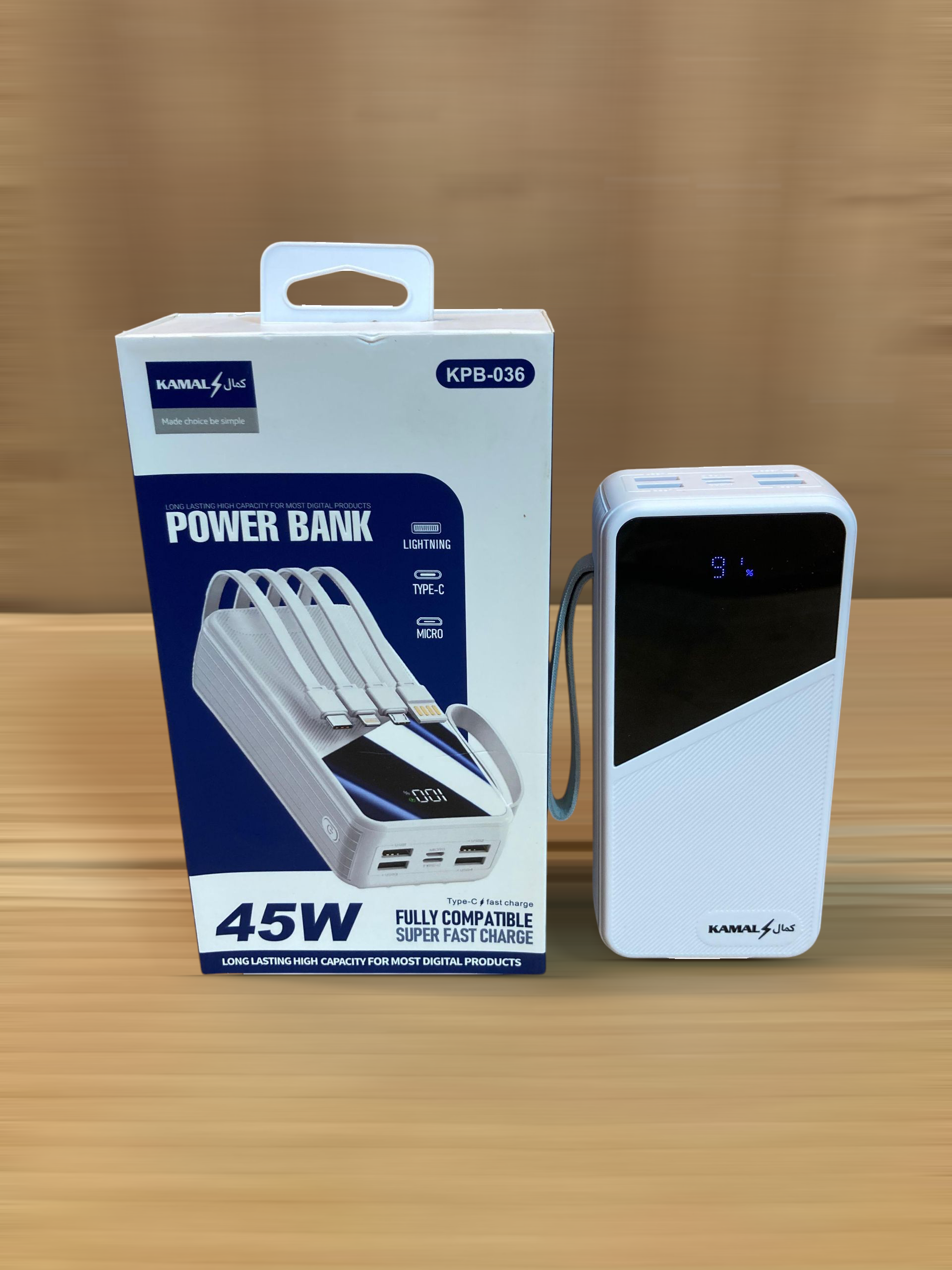 Kamal 45W Super Fast 4Built-in Cables Charging Power Bank 30,000mAh KPB-036