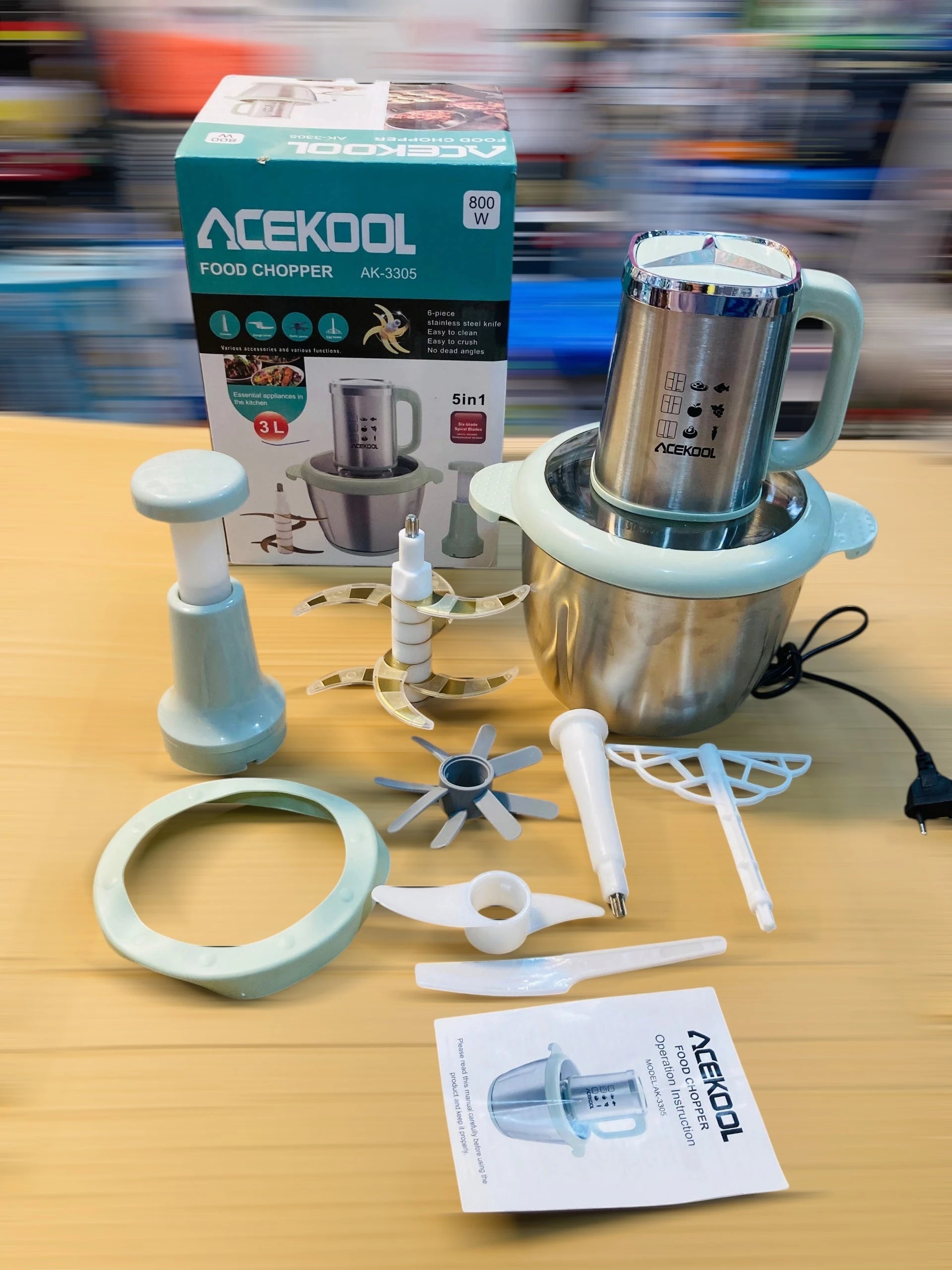ACEKOOL 800W Electric Food Chopper 3L  5-in-1 Stainless Steel Grinder, Food Processor with 6-Blade System AK-3305