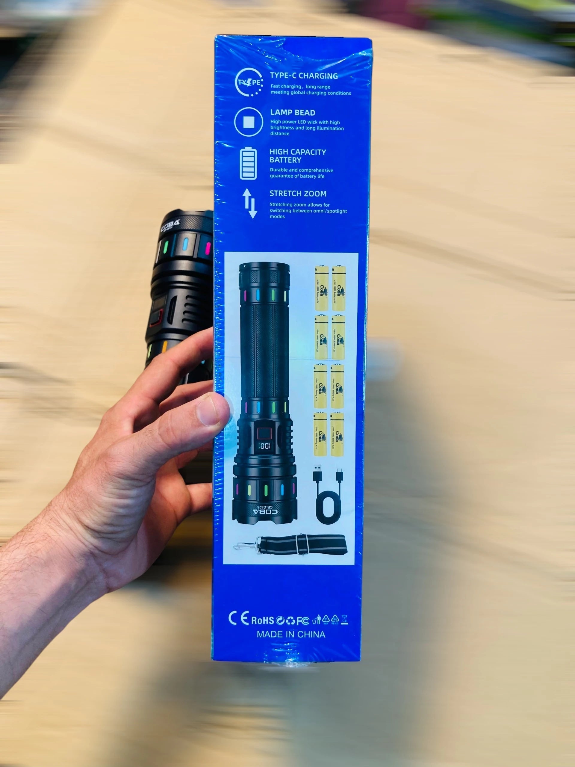 COBA CB-G626 Powerful LED Flashlight with Digital Power Display, Stretch Zoom, and Multi-Battery High-Capacity Pack