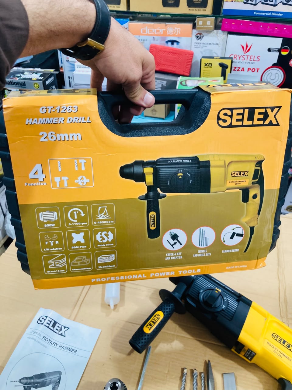 SELEX 850W 26mm Heavy-Duty 4-Function Rotary Hammer Drill Set with SDS-Plus Chuck, Drill Bits, Chisels & Carrying Case GT-1263