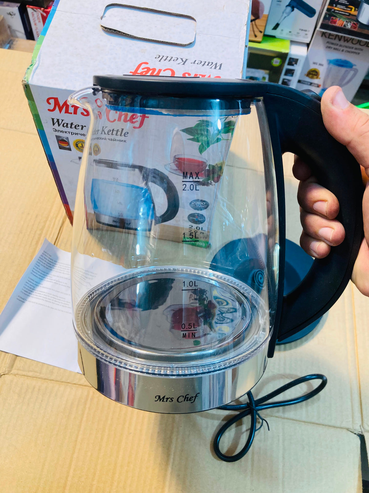 Mrs Chef 2.0L Glass Electric Water Kettle with Blue LED Indicator and 360-Degree Swivel Base, WK-203