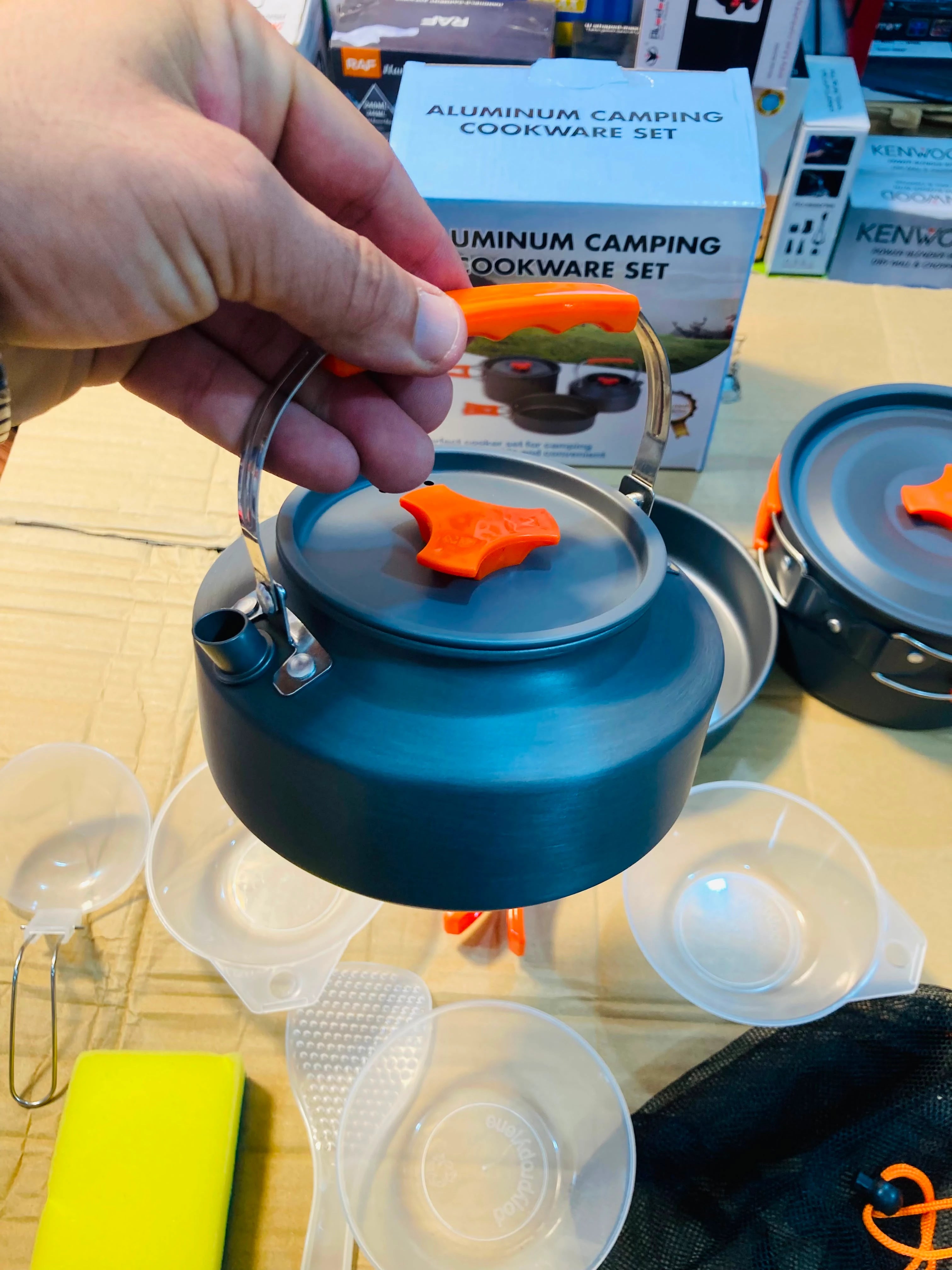 Aluminum Camping Cookware Set – 10-in-1 Lightweight Mess Kit with 1.1L Teapot, Pot, Frying Pan & Accessories TZ301