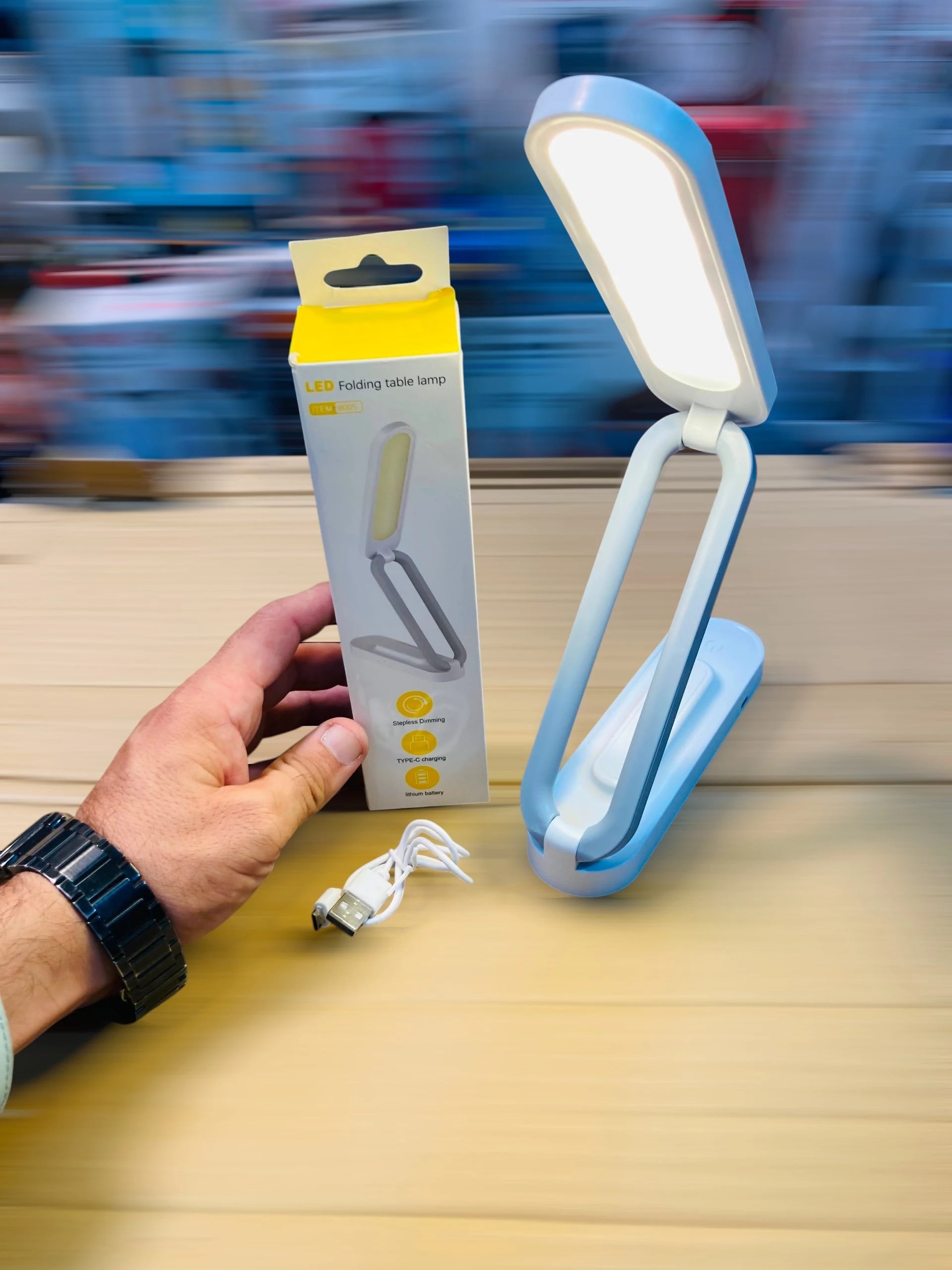LED Folding Table Lamp – Portable 3W Rechargeable Desk Light with Dual-Arm Foldable Design, Touch Dimming, and USB Cable