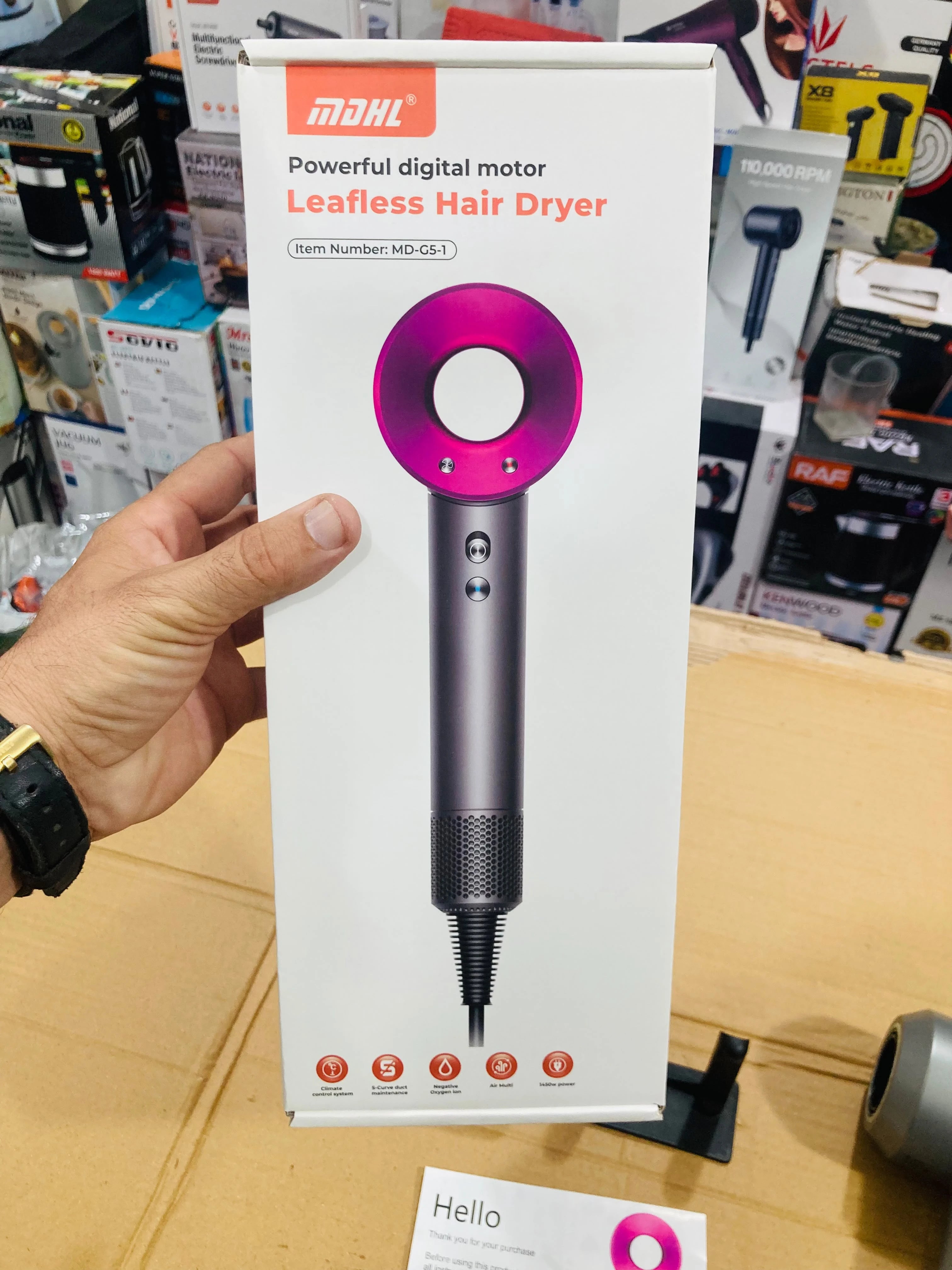 MDHL High-Speed Leafless Hair Dryer 1450W Powerful Digital Motor Hair Dryer with 4 Heat & 3 Cold Air Settings G5-1