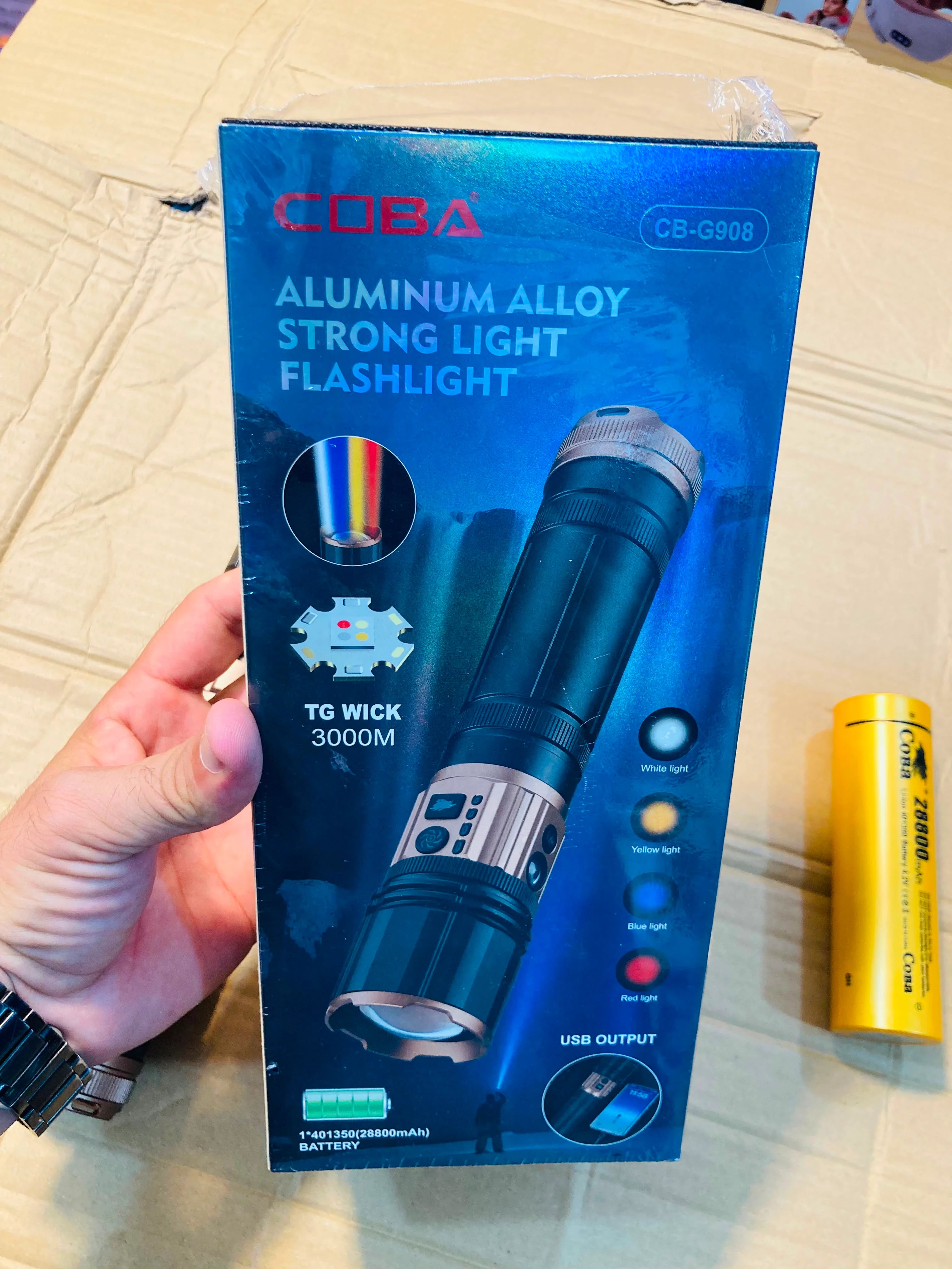 COBA  Aluminum Alloy Strong Light Flashlight with TG Wick, Side Light & 28800mAh Battery CB-G908