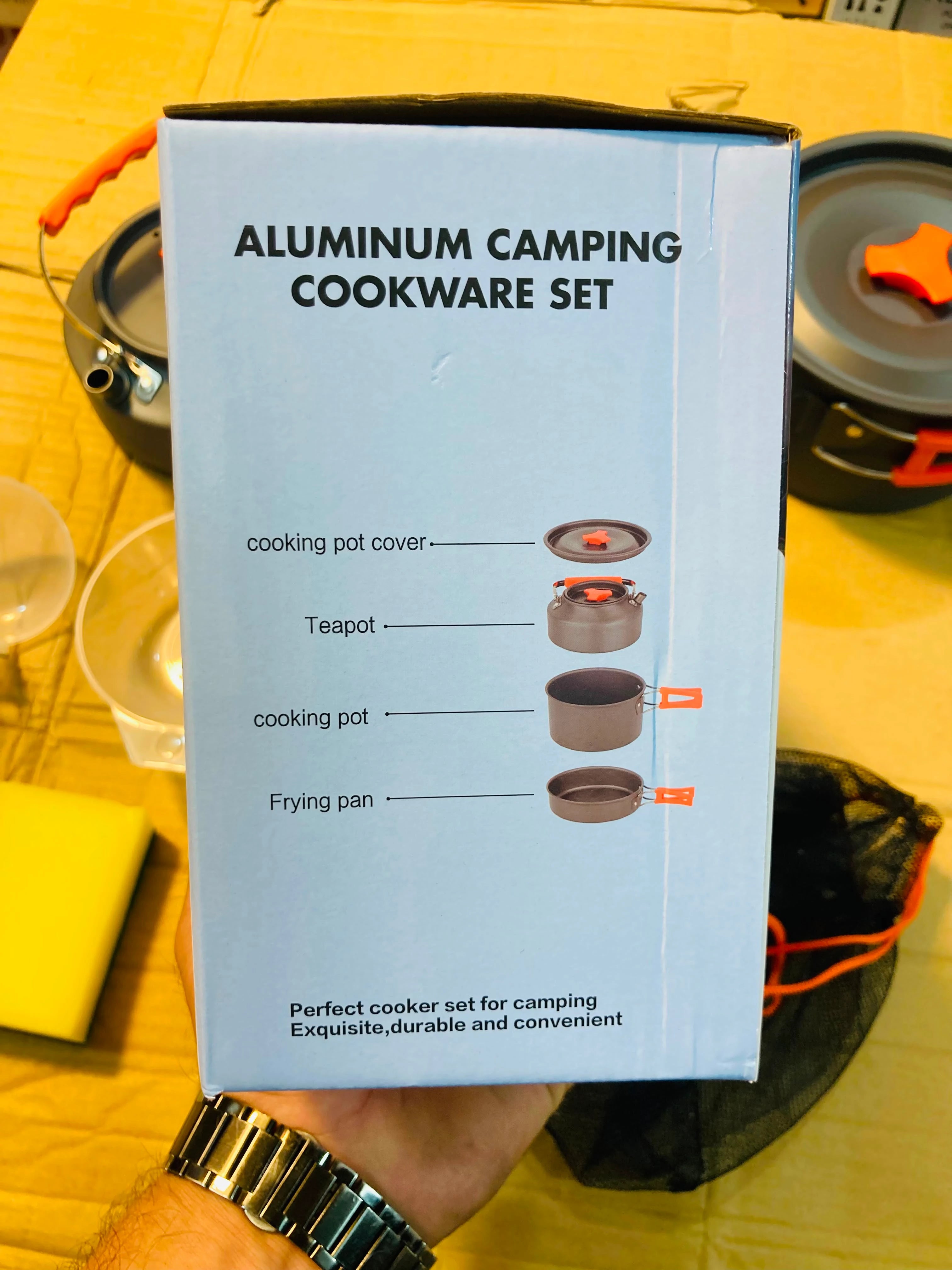 Aluminum Camping Cookware Set – 10-in-1 Lightweight Mess Kit with 1.1L Teapot, Pot, Frying Pan & Accessories TZ301