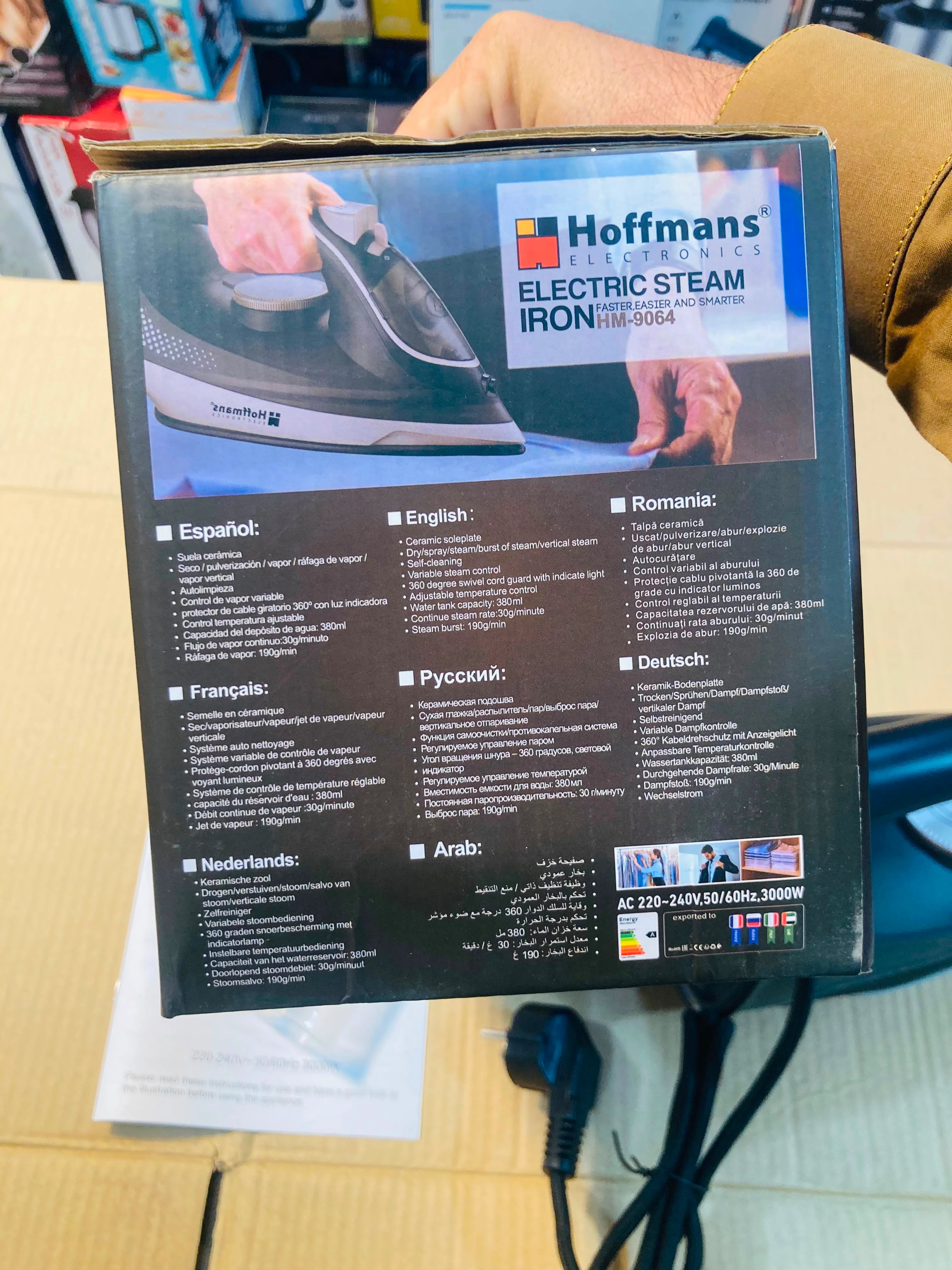 Hoffmans Electronics 3000W Electric Steam Iron with 380ml Water Tank & Ceramic Soleplate (HM-9064)