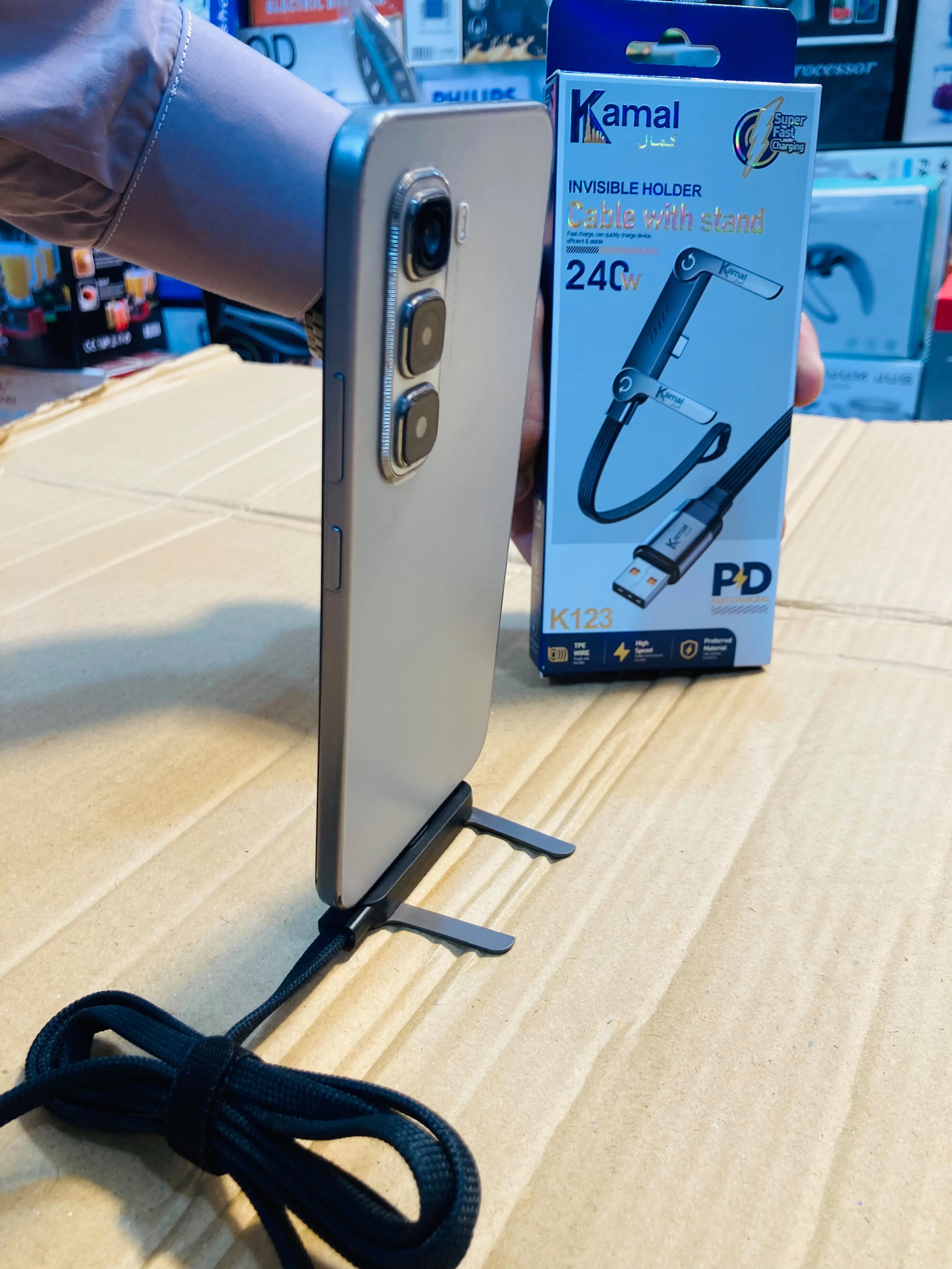 Kamal 240W Fast Charging Cable with Built-in Phone Stand Durable Braided USB Data Cable with Foldable Kickstand K123