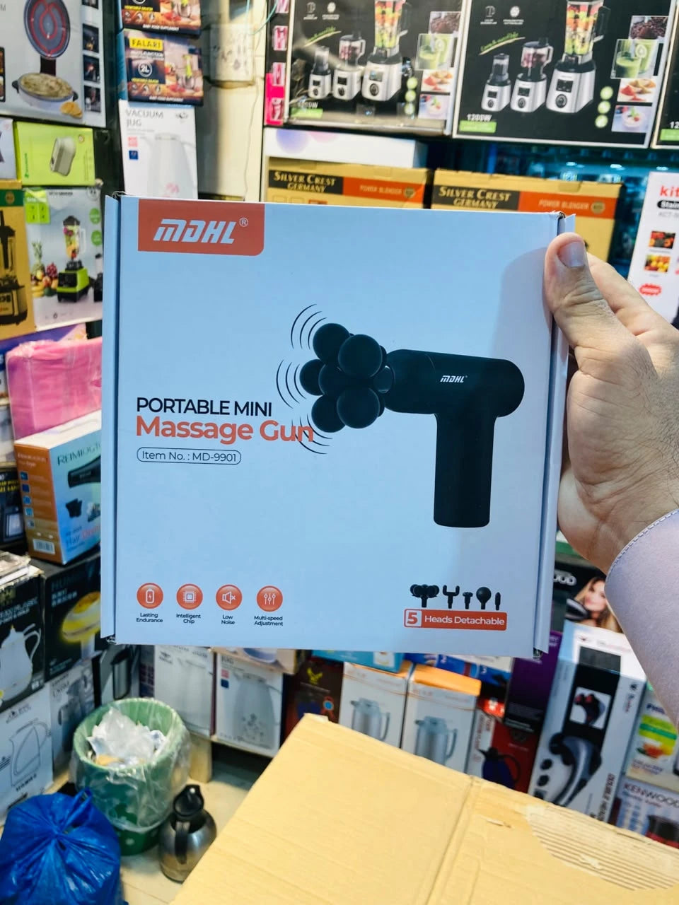 MDHL Portable Mini Massage Gun 6-Speed Deep Tissue Electric Handheld Massager with 5 Detachable Heads MD-990