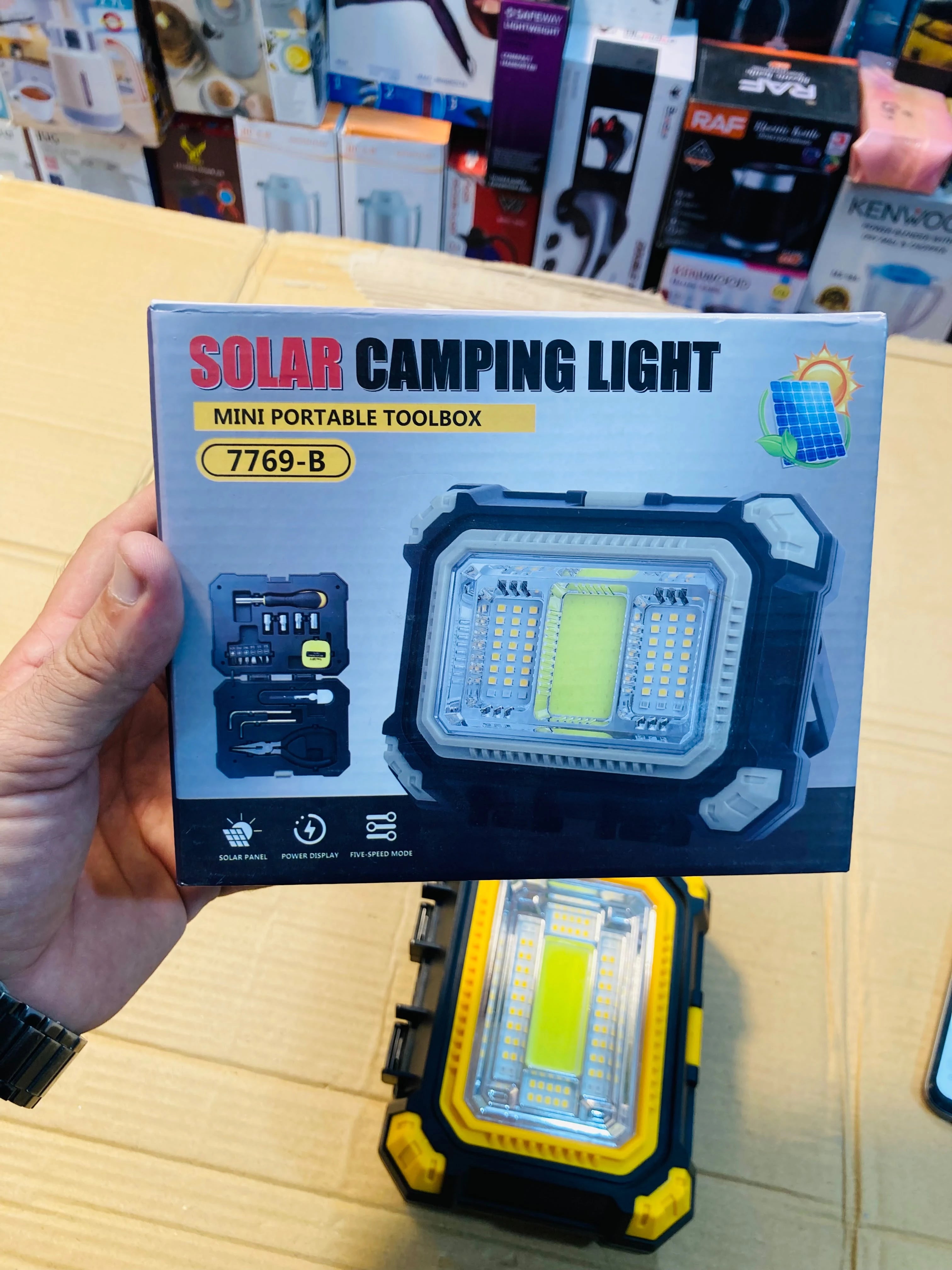 Solar Camping Light & Mini Portable Toolbox Set Rechargeable LED/COB Work Light with Solar Panel 2400mAh Power Display 7769-B