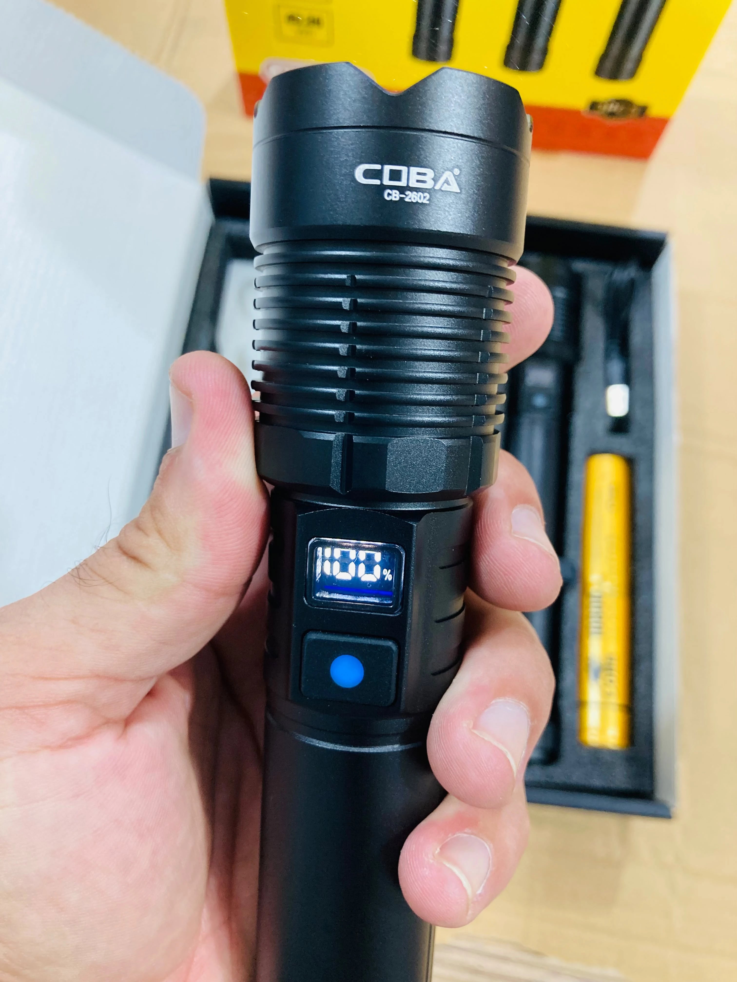 COBA Rechargeable Long Range Tactical Flashlight Set 60W LED High Power Flashlights with Digital Display Telescopic Zoom & 10800mAh Batteries CB-2602-3